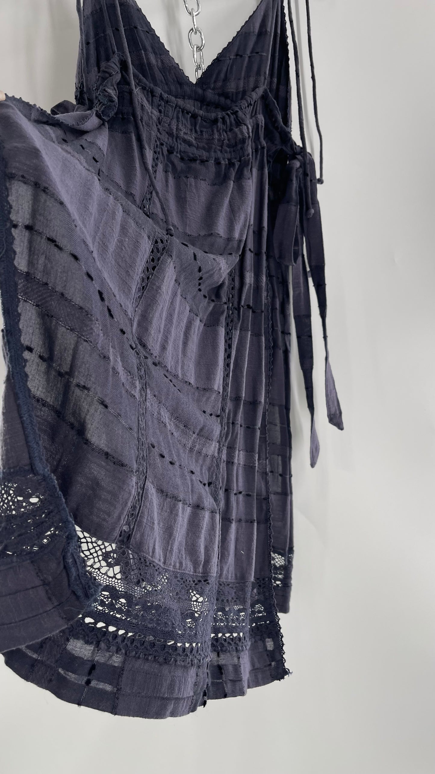Free People Navy Blue Cotton Lace and Embroidered Open Tie Side Dress (M)