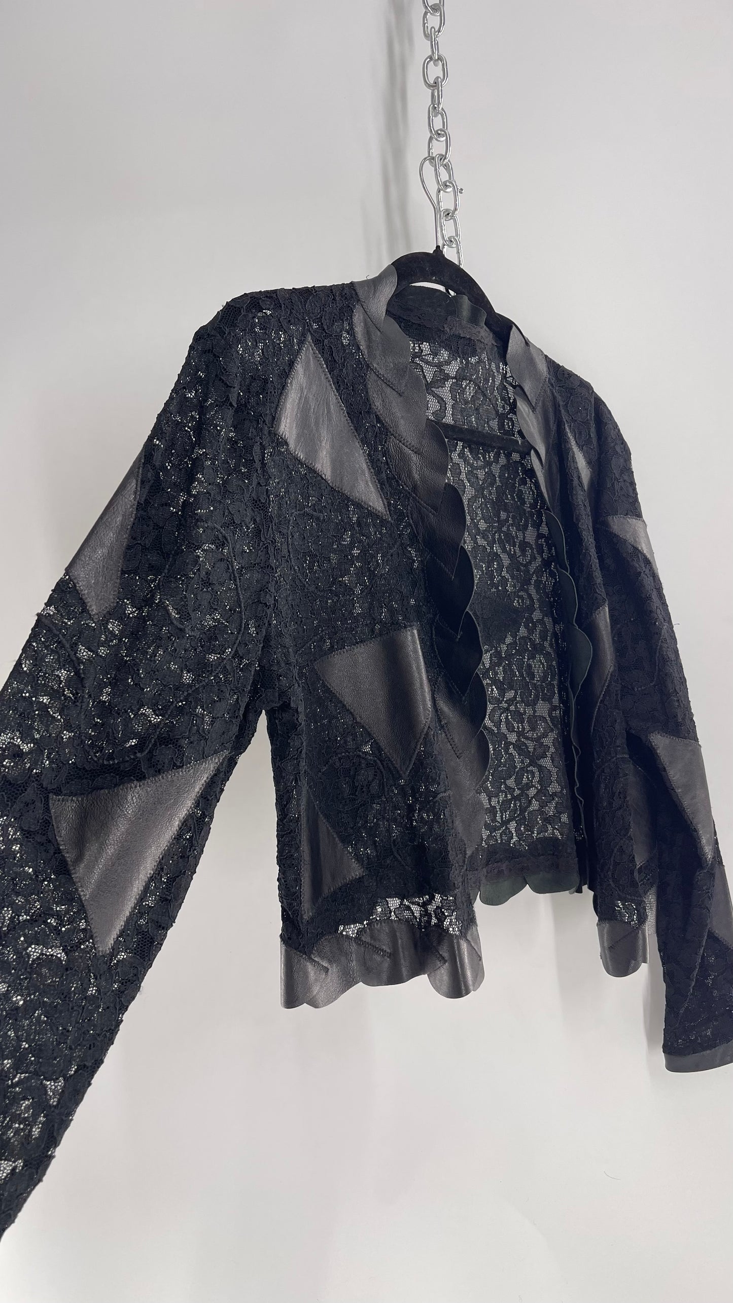 Vintage Black Lace Jacket with Genuine Black Leather Patches and Lining (M/L)
