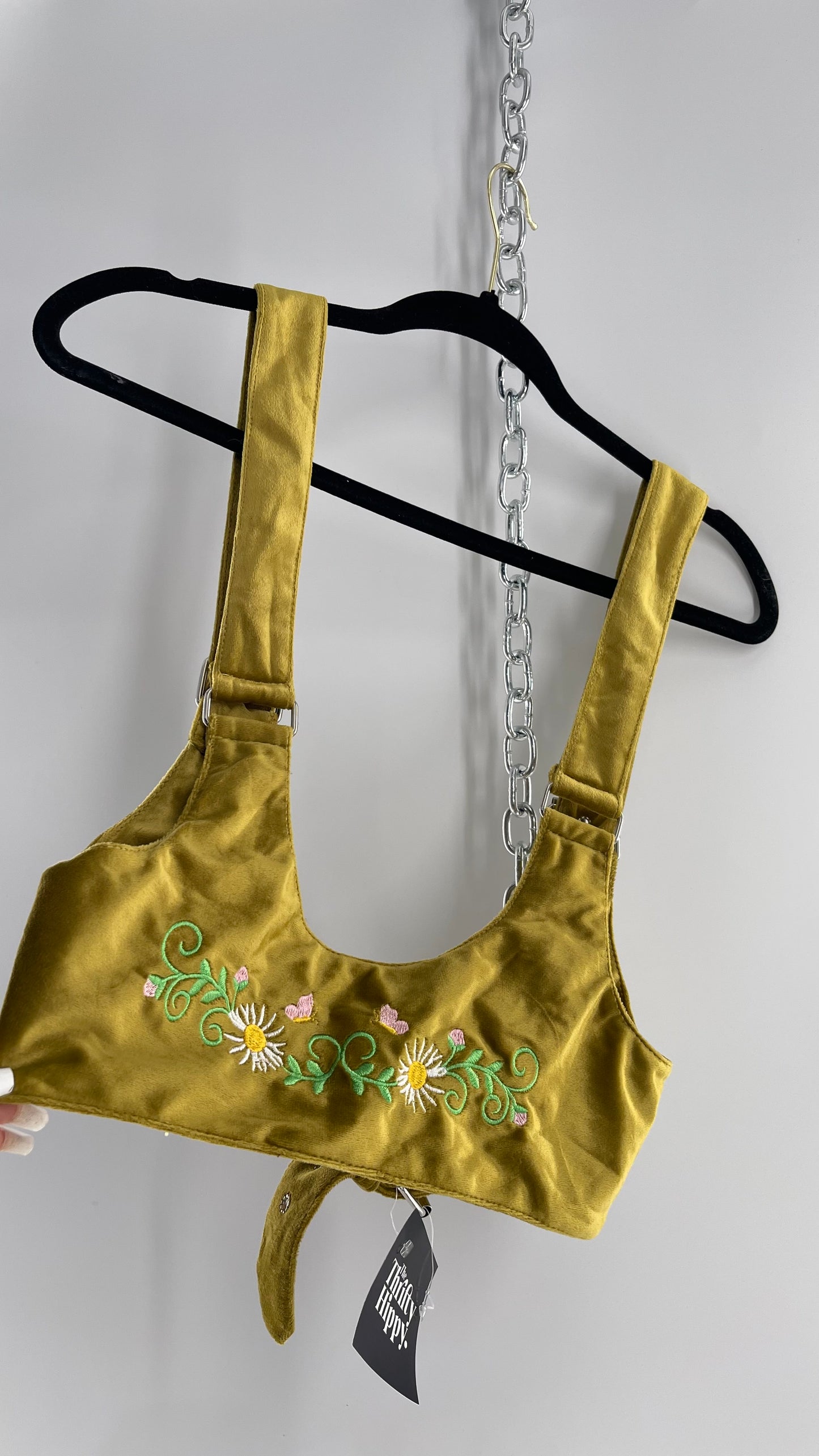 Urban Outfitters Greenish Gold Velour Body Harness with Embroidered Daisies and Butterflies (Large)