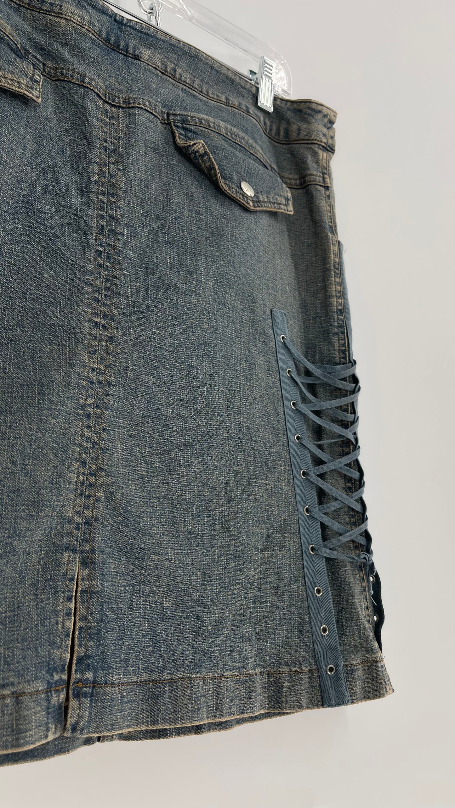 Vintage More Feminine w/o Limits Denim Skirt with Grommet Lace Up Sides and Fade (42)