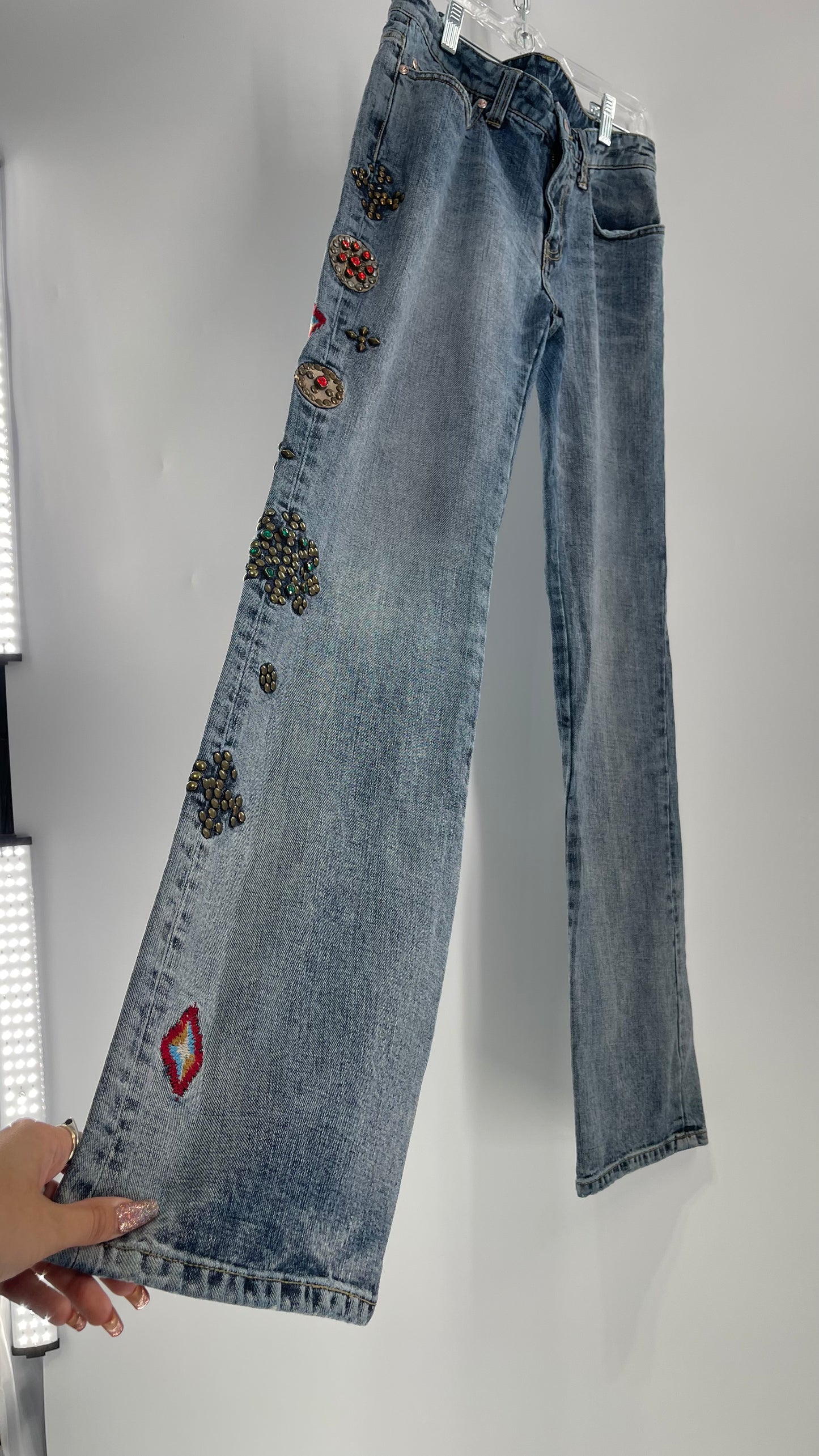 Western Denim Bank Light Wash Straight Legs with Gold/Bronze Metal Studs and Jewels (29)