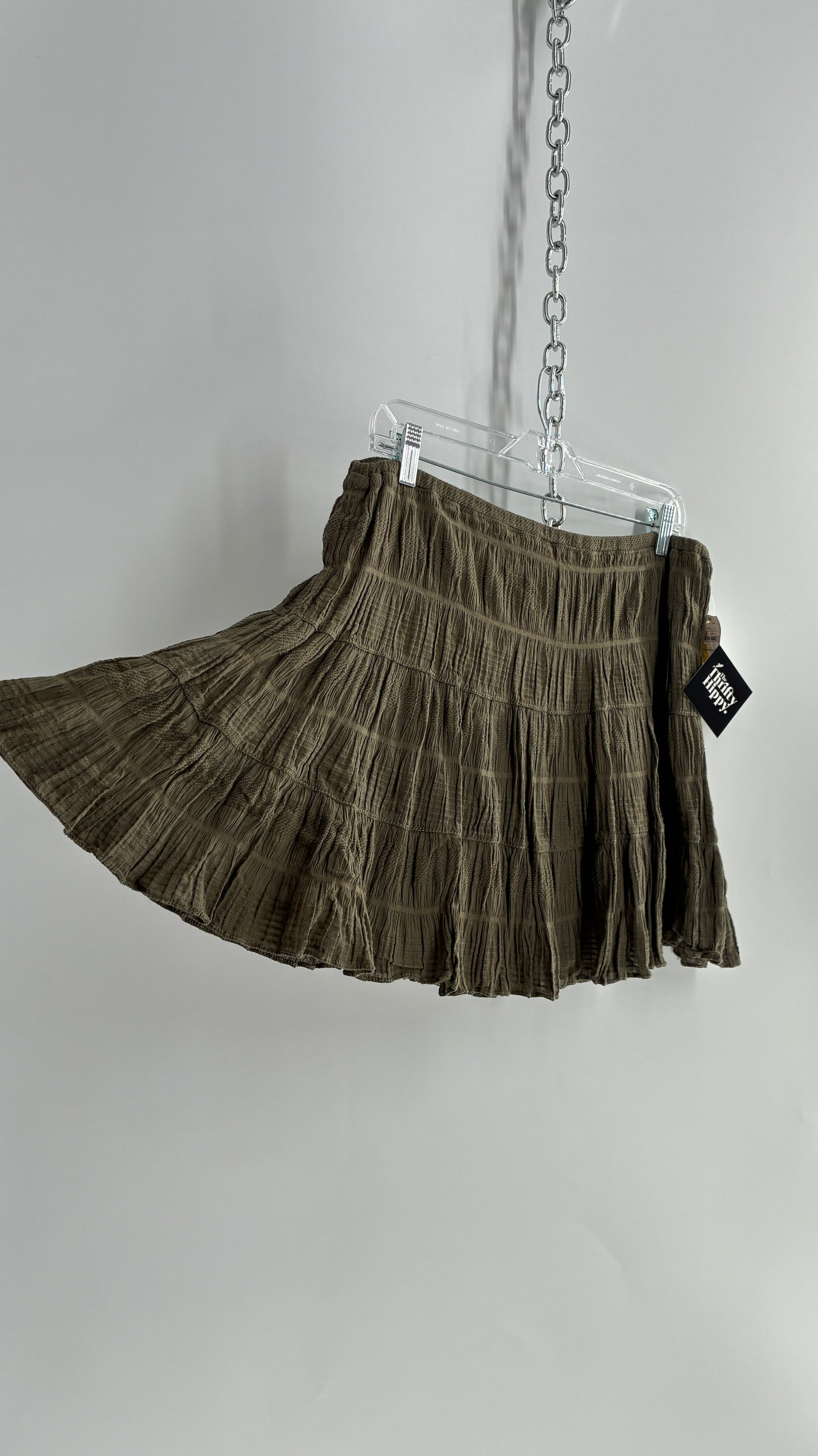 Deadstock Vintage FILENES BASEMENT Army Green Tiered Crimped Cotton Micro Mini Skirt (Large)