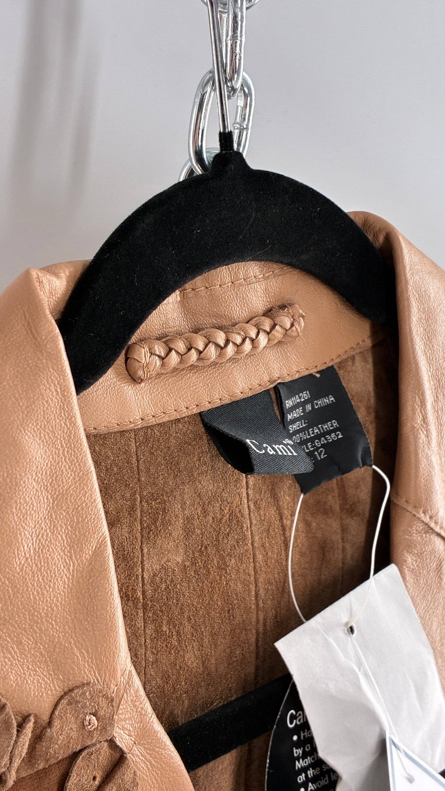 RARE Deadstock Vintage Cami Brown Thin Leather Jacket with Suede Scalloped Trim (12)