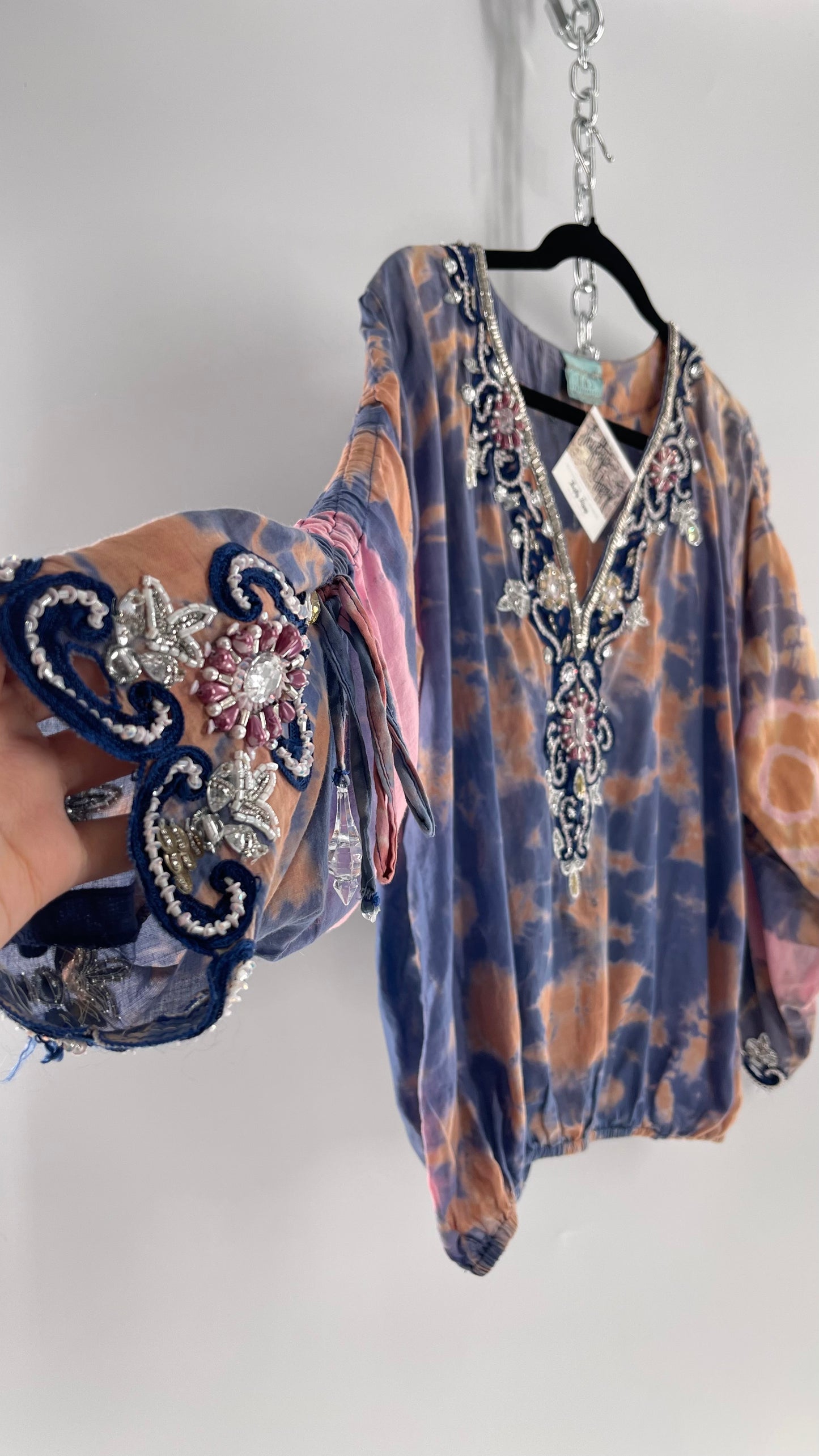 TAJ by Sabrina Crippa Tie Dye Blouse with Gemstone Encrusted Neckline and Ruched Beaded Sleeves (S/M)