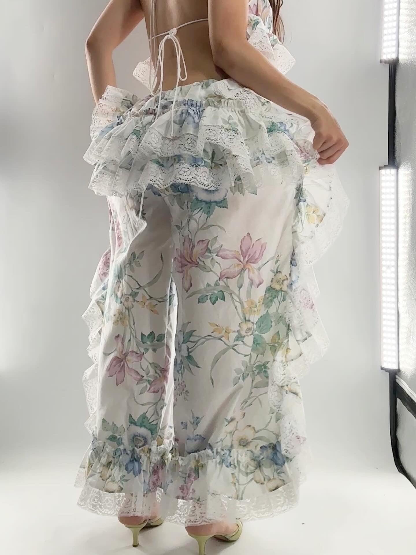 Handmade Vintage 2Piece Muted Pastels, Wispy Florals Ruffled Bum Set (XS-XL)