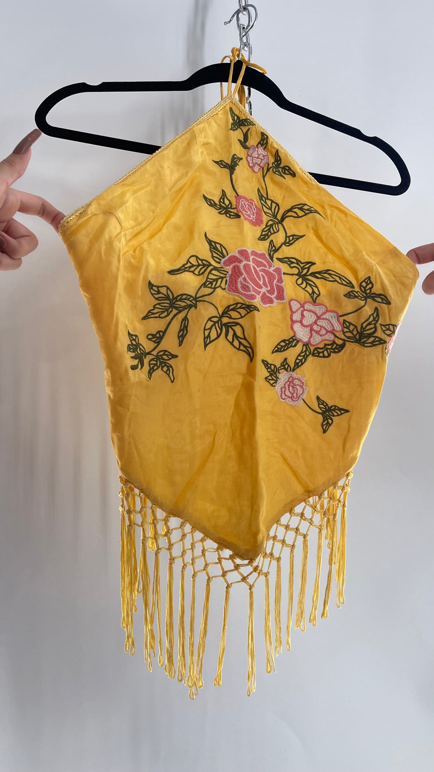 Urban Outfitters Yellow Halter with Embroidered Roses and Fringe Hemline (Medium)