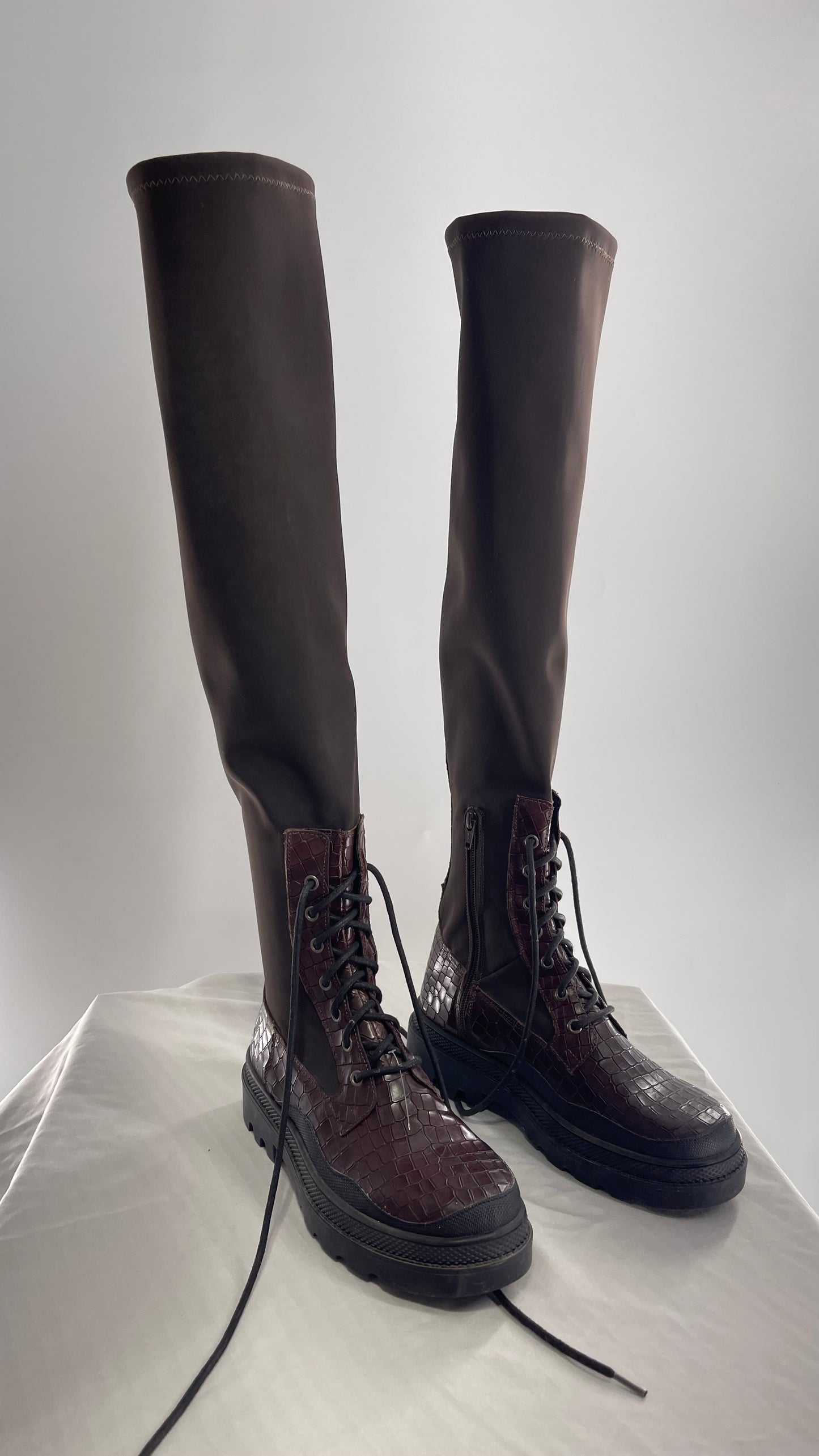 Free People Dark Brown Riding Style Embossed Knee High Platform Boots (39)
