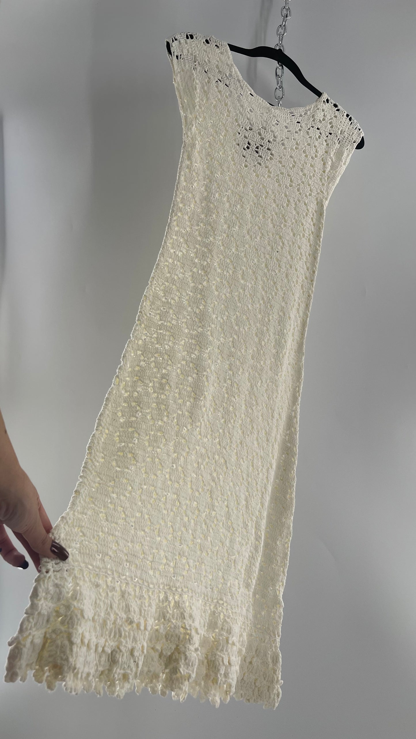 Anthropologie White Crochet Knit MIDI Dress with Tags Attached