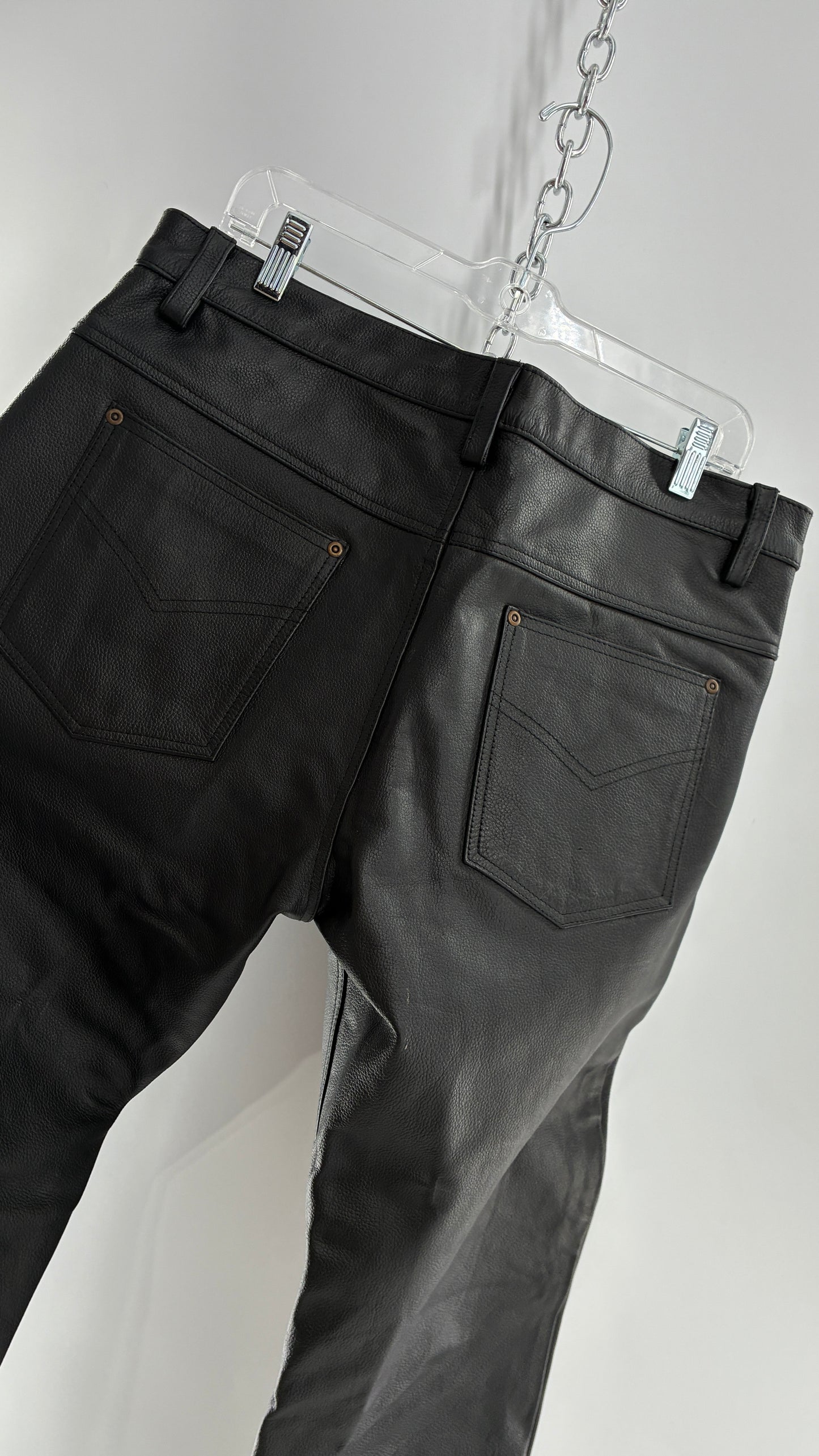 Vintage Button Front, French, Black, Thick Genuine Leather Pants (36)