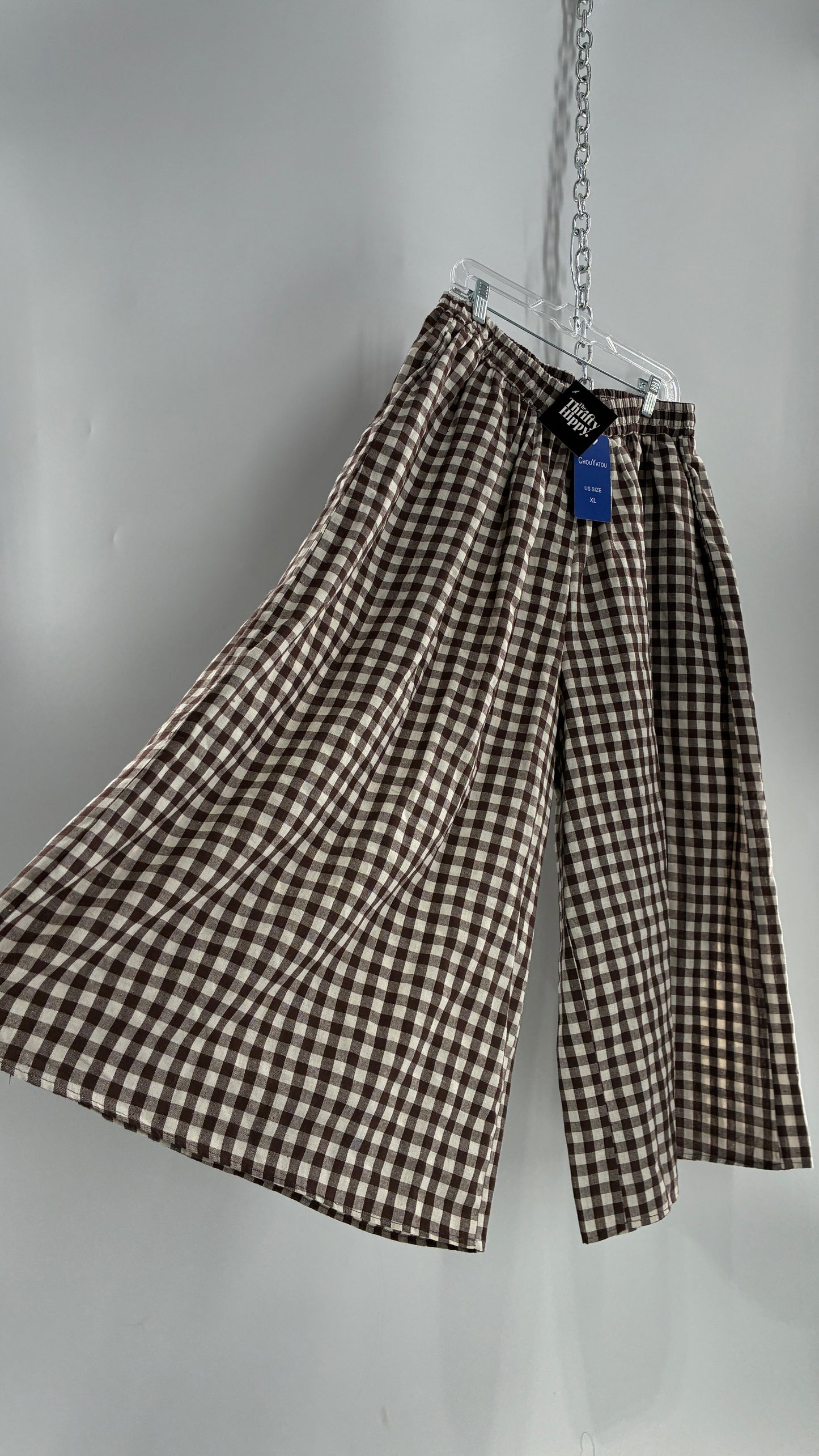 Wide Leg Brown Gingham Picnic Pants (XL)