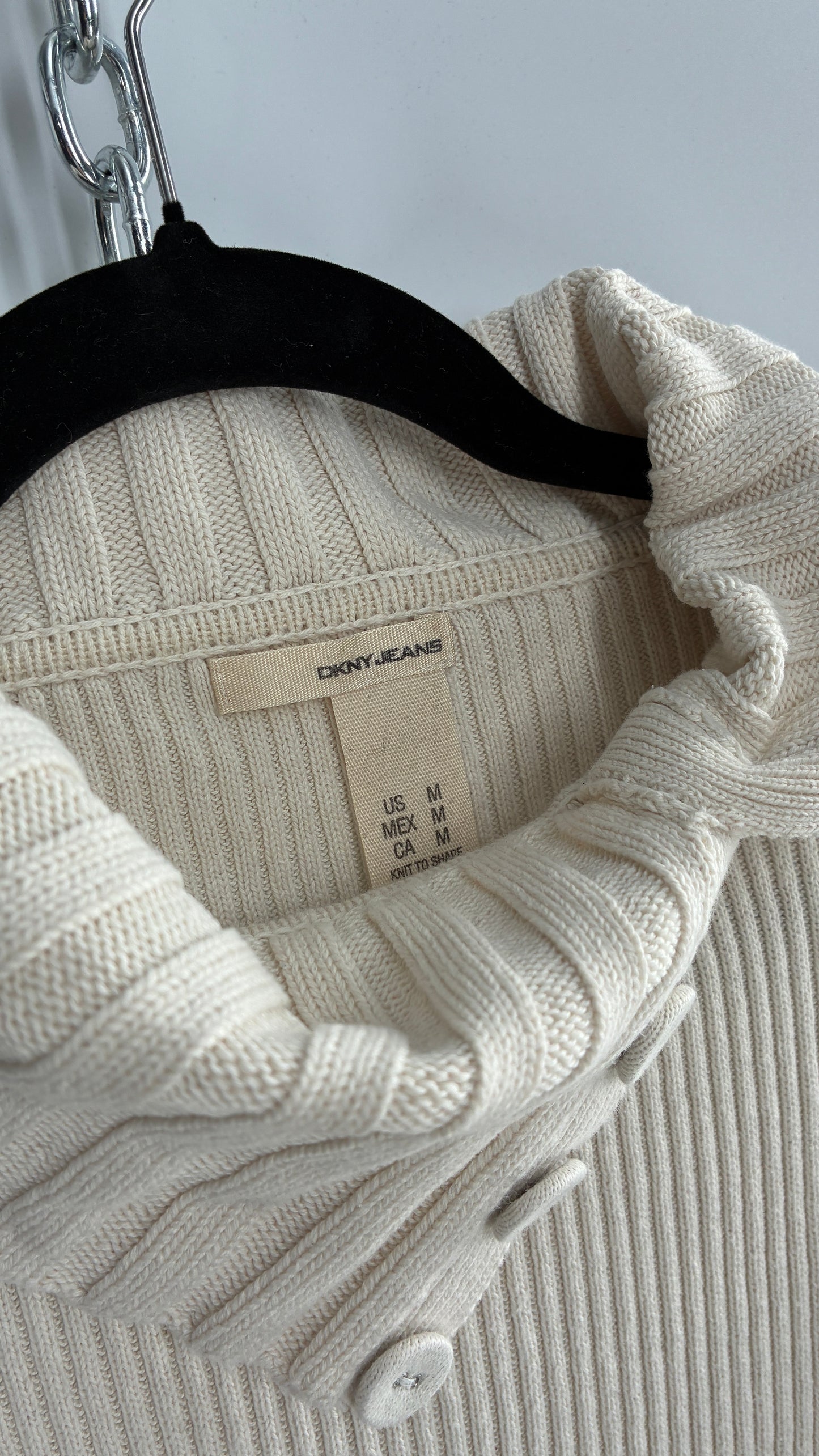 Vintage 1990s DKNY Off White Thick Ribbed Long Sleeve with Fold Over Wrists and Neckline (Medium)