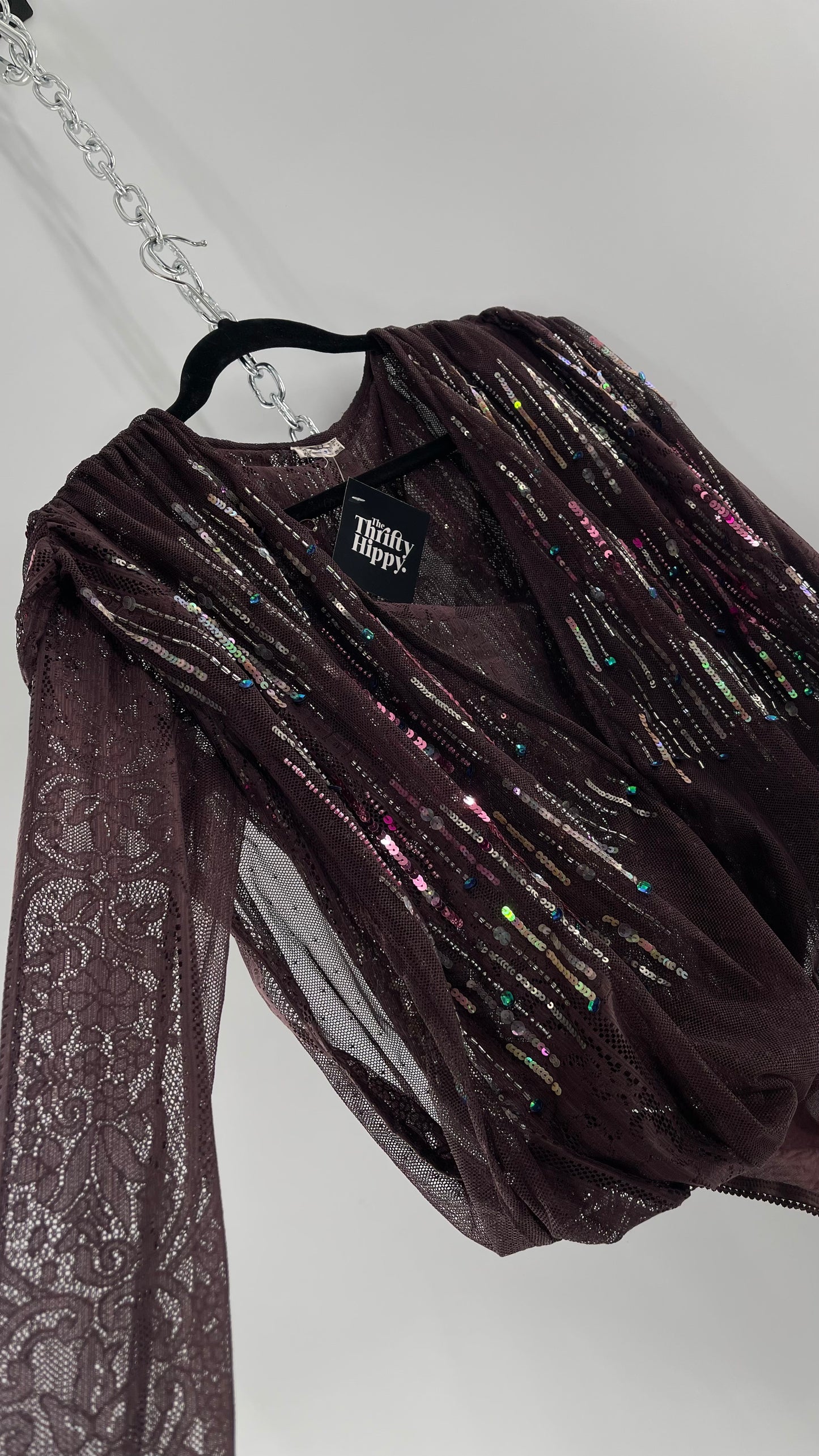 Intimately Free People Plum Mesh Bodysuit with Lace Sleeves and Beaded/Sequined/Embellished Body (Medium)