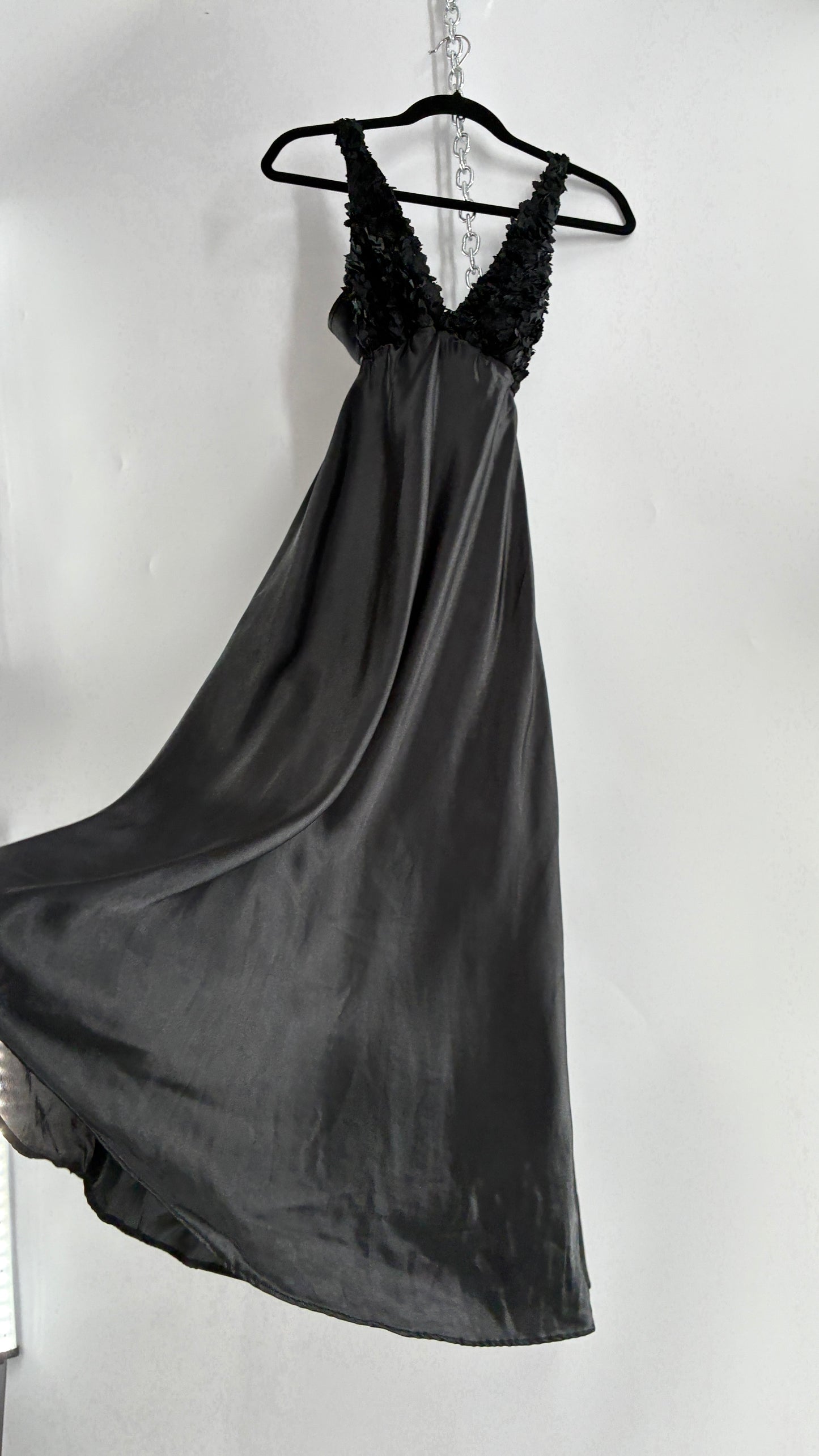 Vintage FLORA Black Slip Gown with Textured Floral Bust (Small)