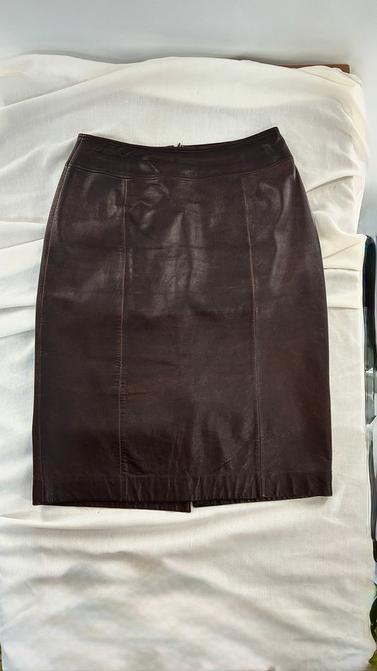 Vintage BROOKS BROTHERS Brown Distressed Genuine Leather Skirt (6)