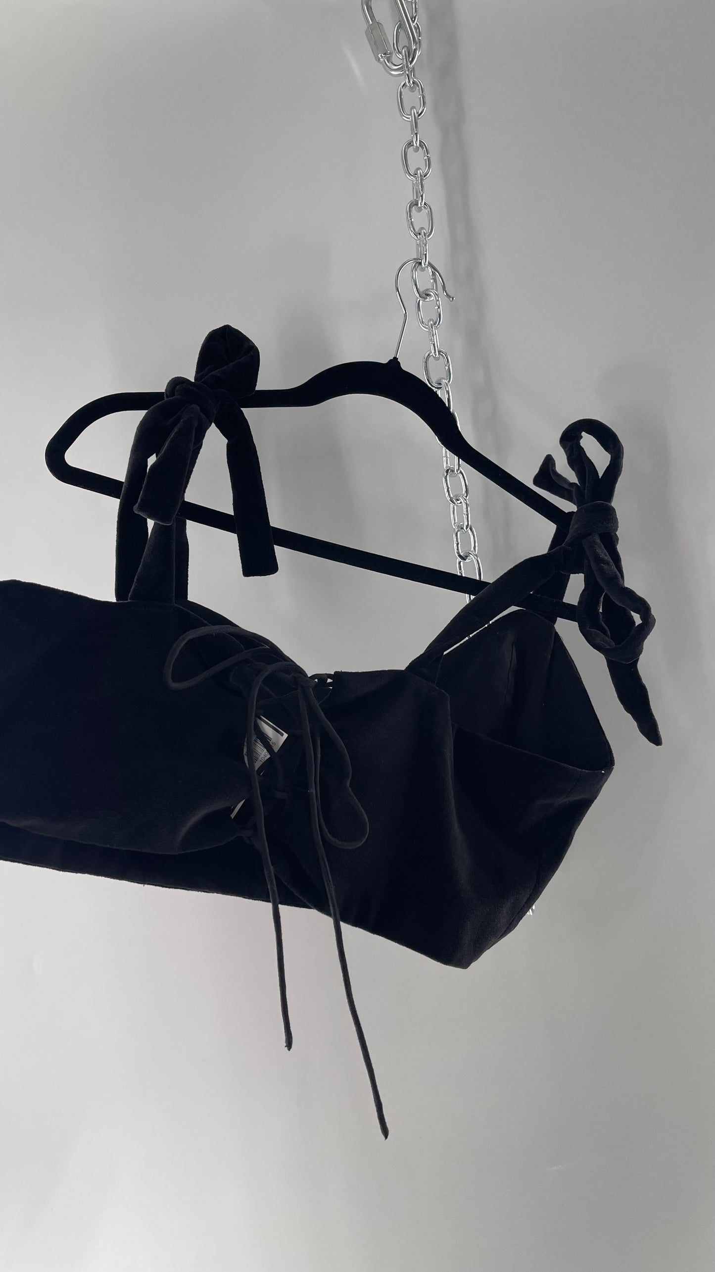Letmebe Anthropologie Black Velvet Cropped Tank with Delicate, Romantic Tie Shoulders and Lace Up Back (XL)