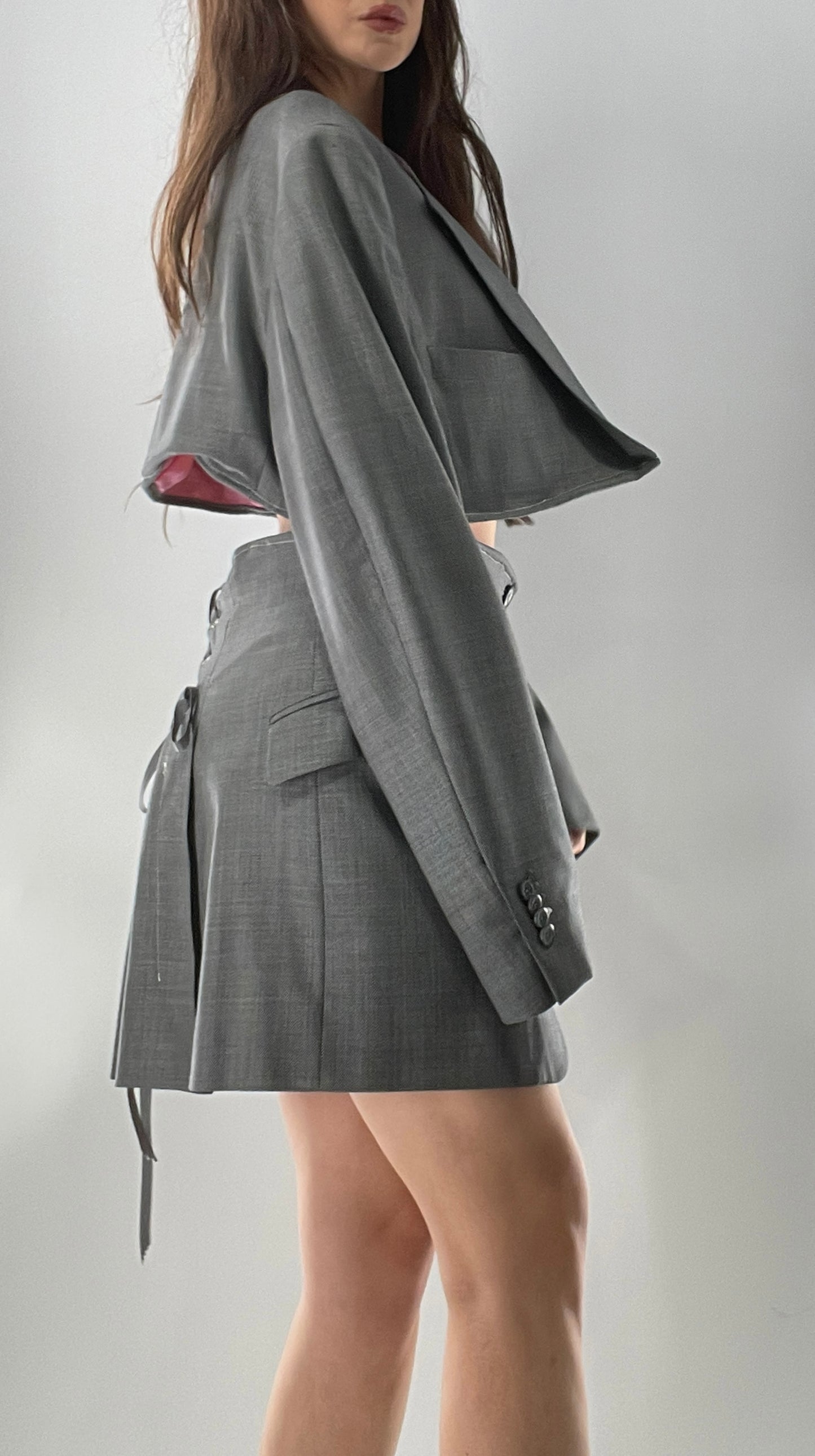 Custom Handmade Gray 2Piece Suit Set with Pink Satin Lining, Cropped Blazer, and Corseted Skirt (S-L)