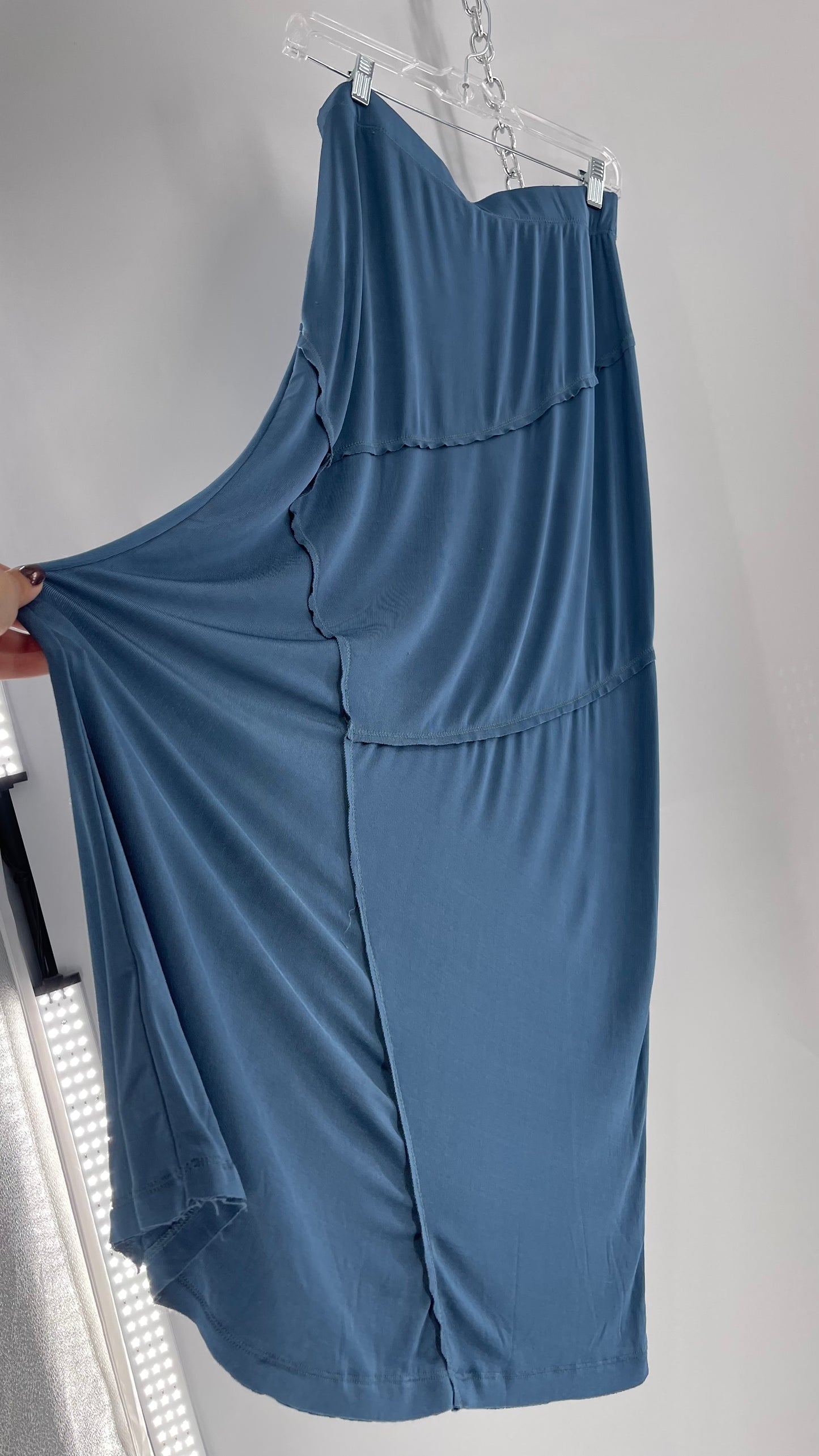 Free People Slinky Blue Long Skirt with Abstract Seam Stitching (Medium)