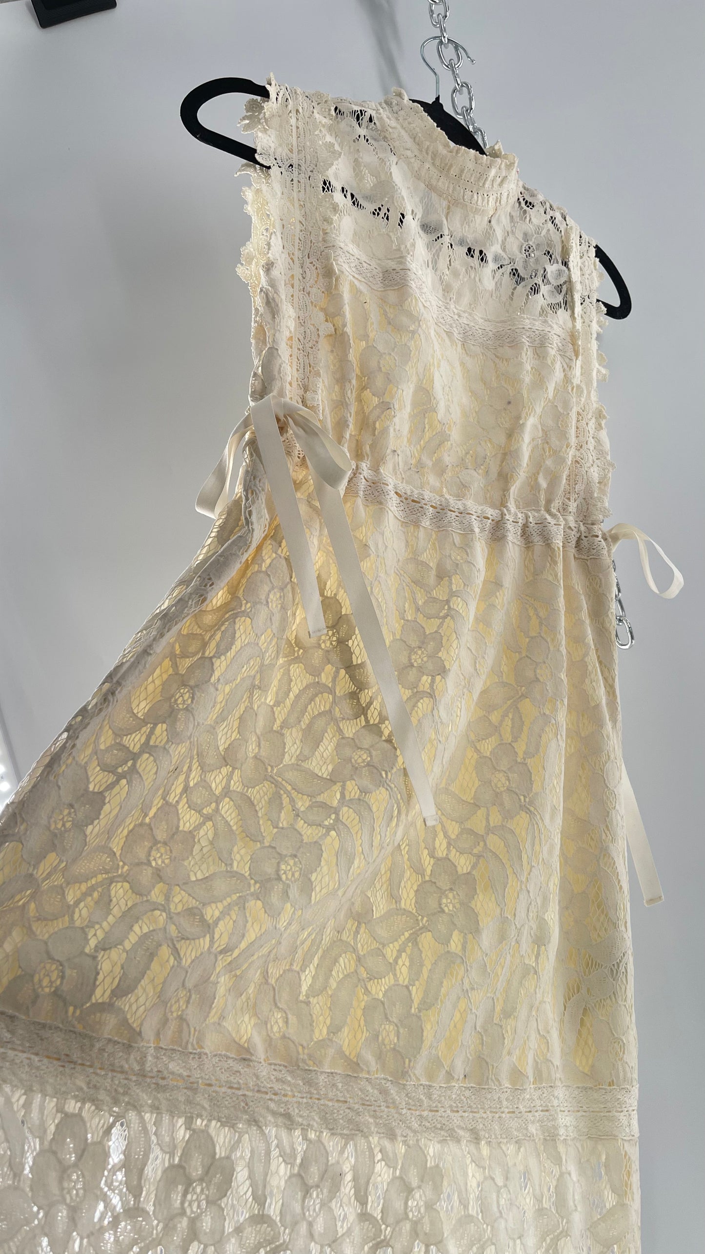 Eri + Ali Anthropologie Velvet Lace MIDI Dress with High Neckline and Side Bow Ties(XS)