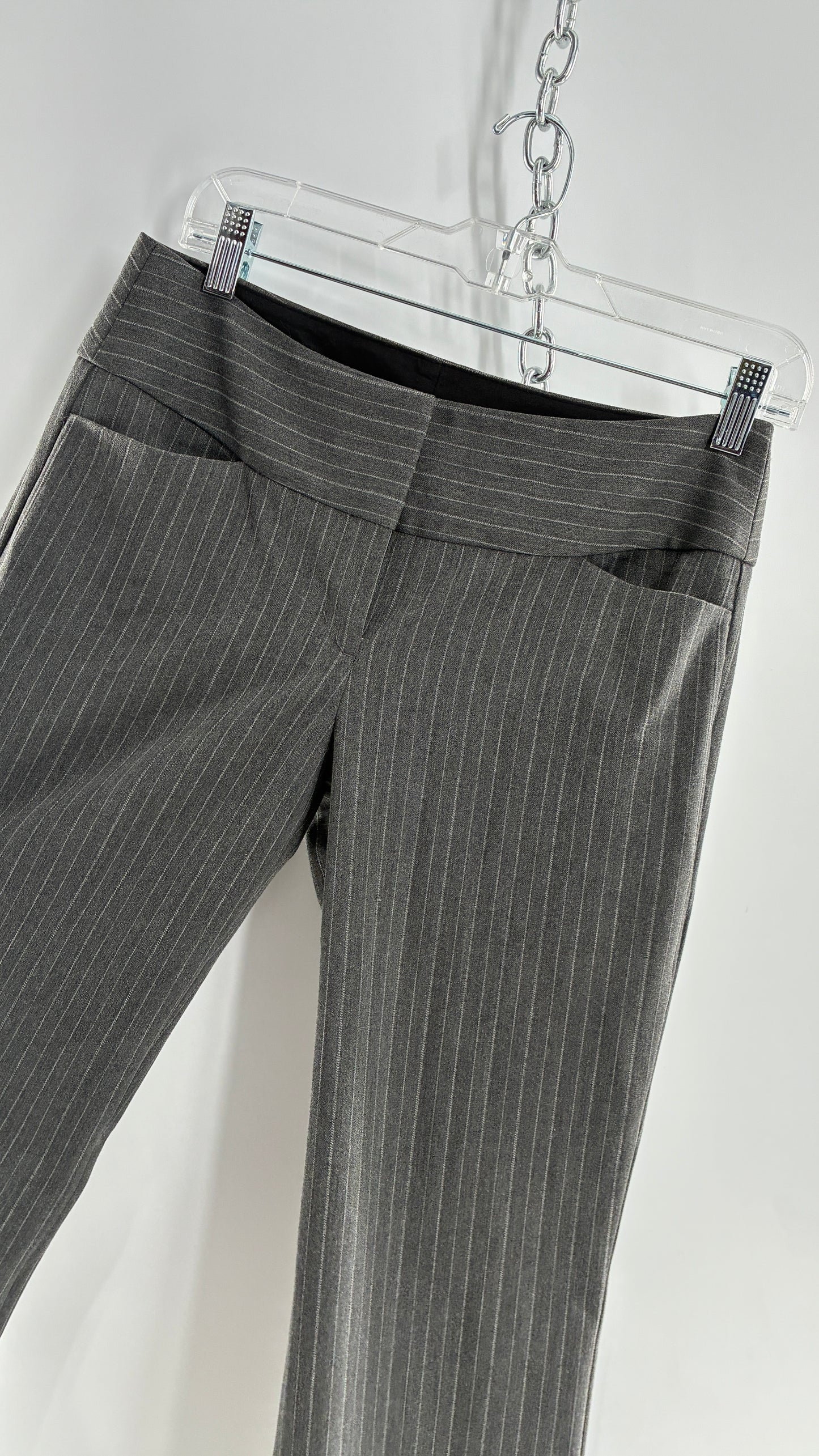 Vintage 1990s EXPRESS Editor Dark Grey Pinstripe Ultra Low Rise Thick Hip Band Kick Flares (2)