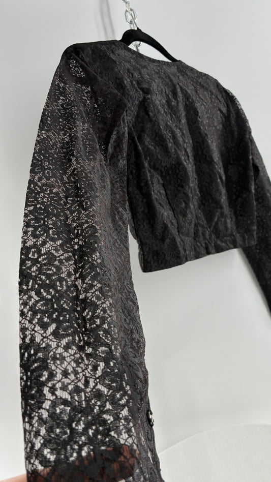Vintage 1950s Ladies Own Black Lace Cropped Long Sleeve with Bust Stitching (Small)