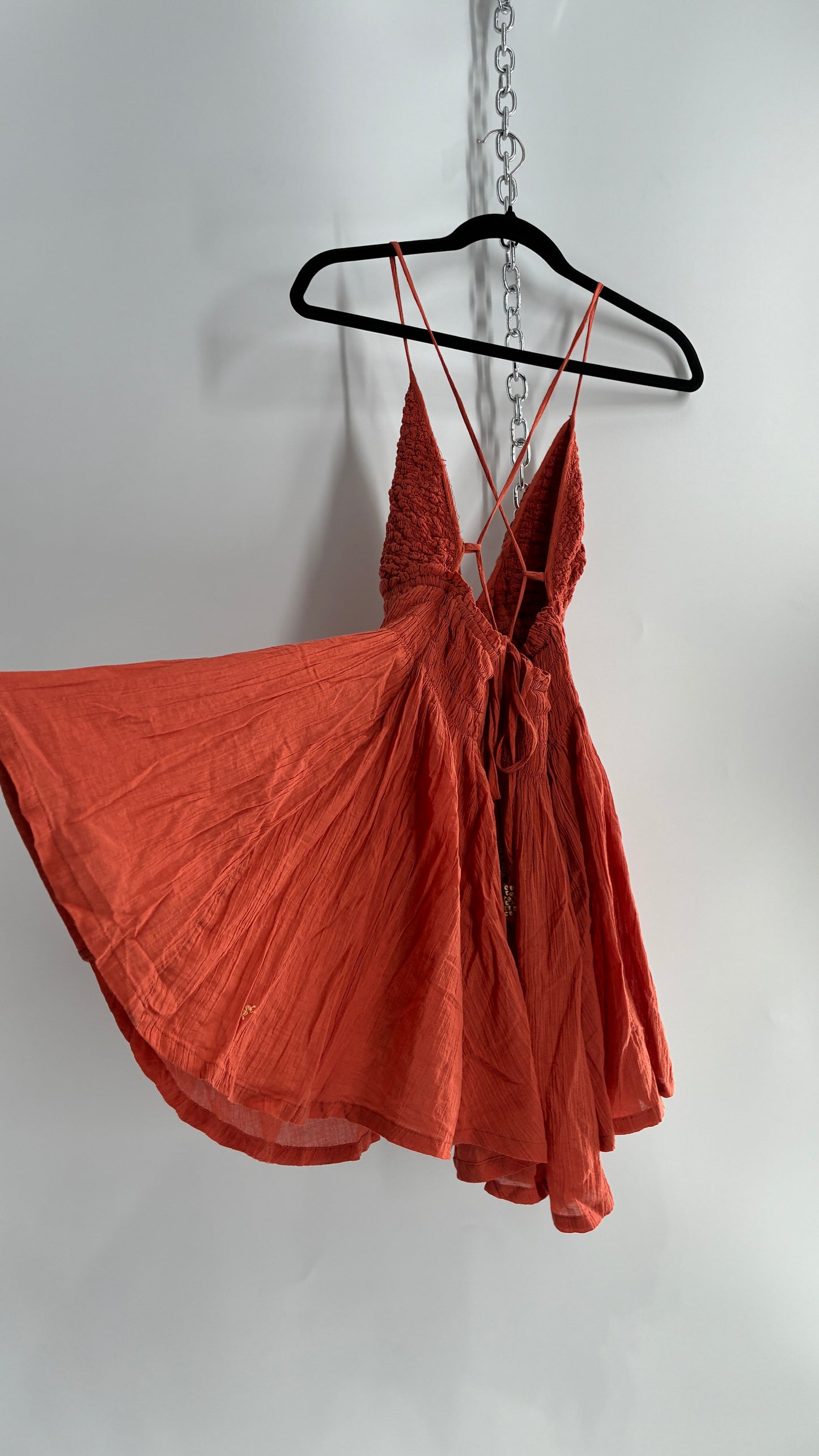 Free People Burnt Orange Smocked Bust Voluminous Mini Dress (Small)