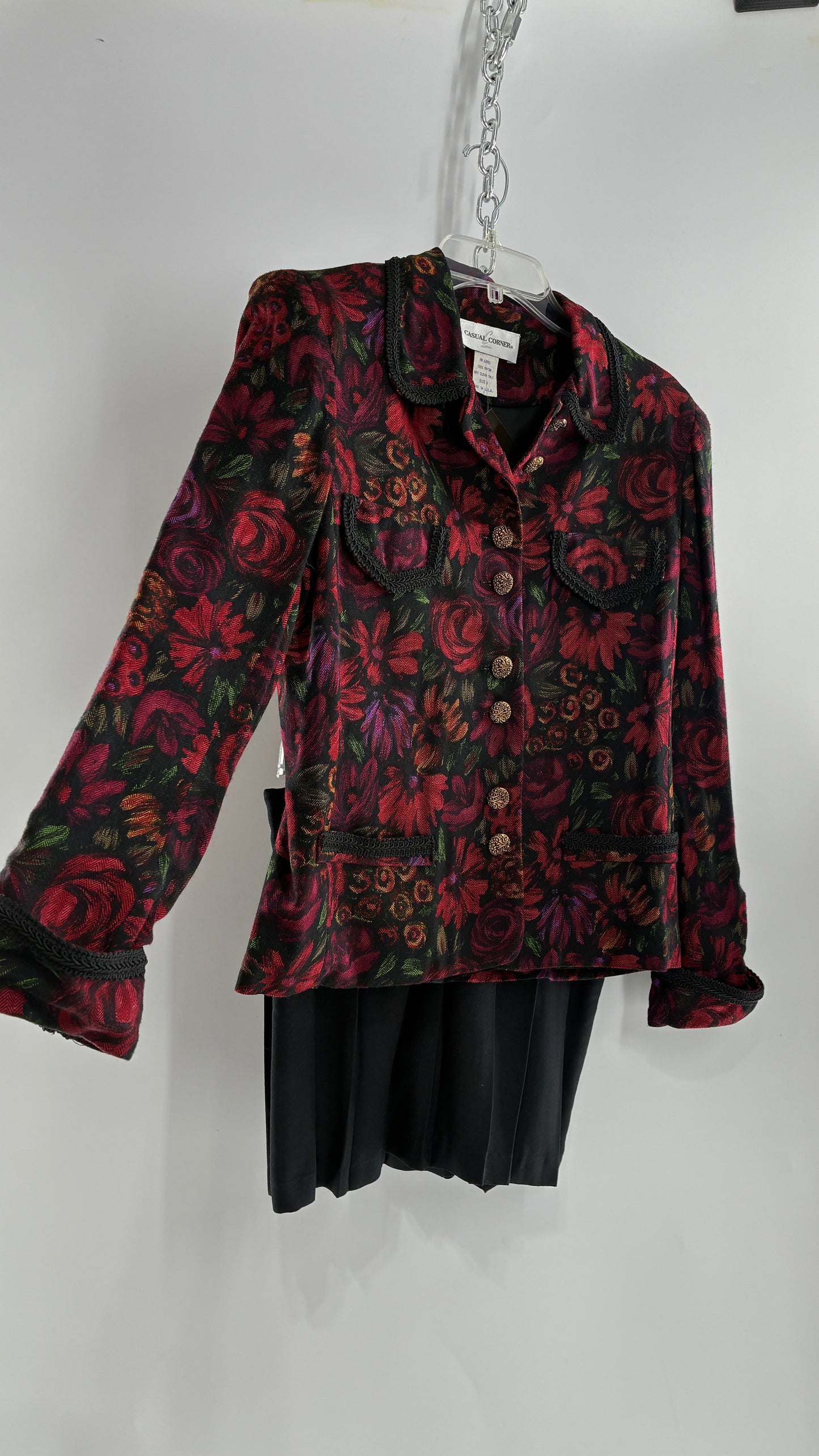 Vintage Suit Set with Gold Button, Deep Floral Blazer and Pleated Upcycled Mini Skirt (6)