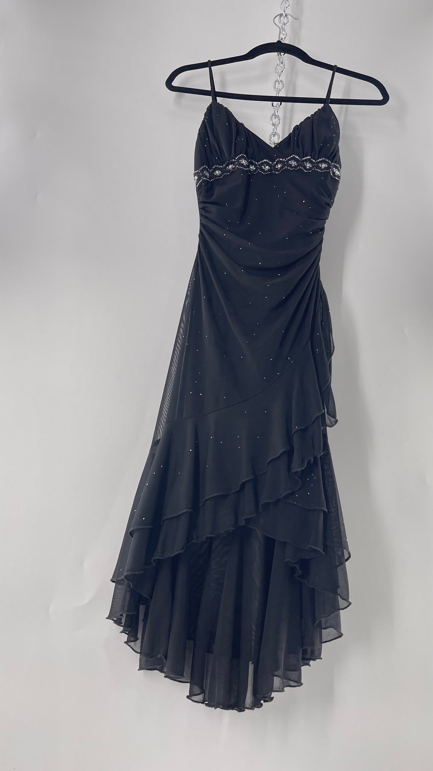Vintage Taboo Midi Dress with Iridescent Sequins with Lace Underbust Detail, High Low Silhouette and Frills (Medium)