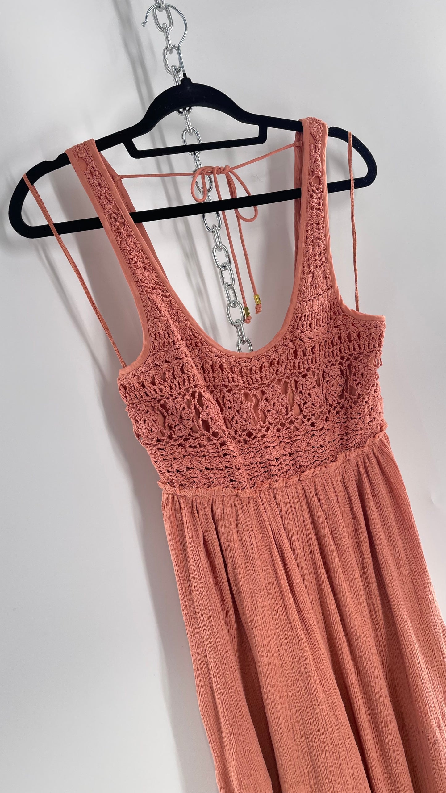 Free People Rose/Peach Pink Wide Leg Jumpsuit with Crochet Bust and Tags Attached (XS)