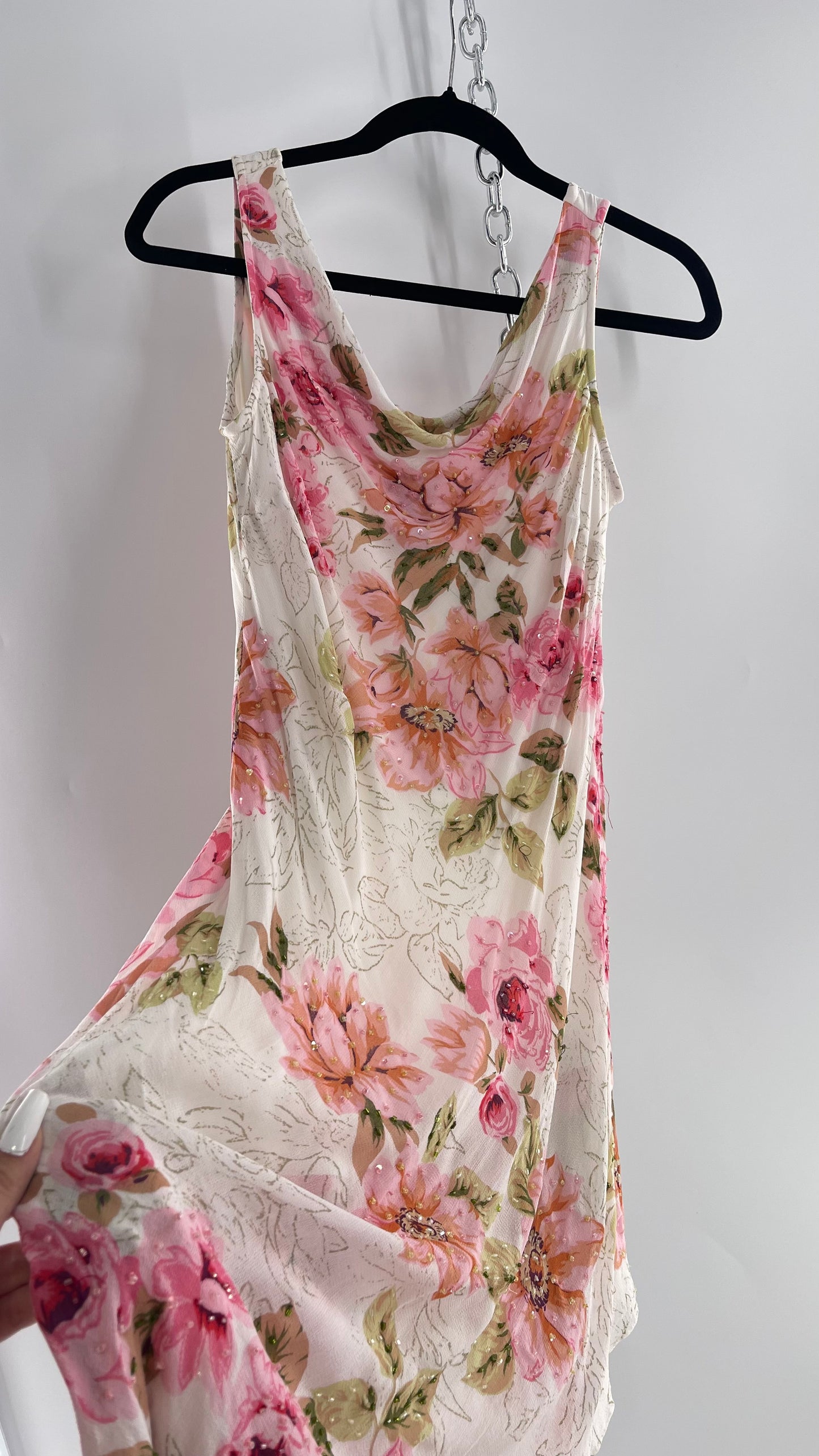 Vintage Eva Blue Pink Floral Draped Neck Sleeveless MIDI with Beading (10)