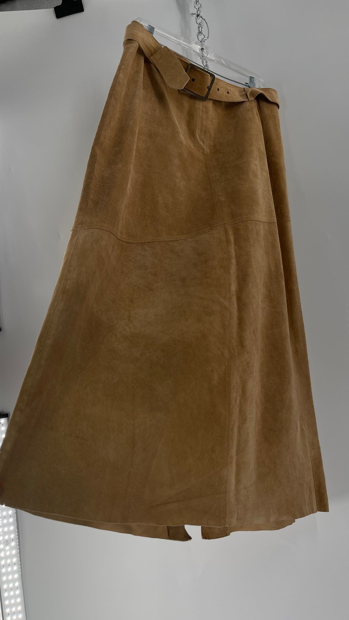 Vintage Margaret Godfrey Tan Suede Low Rise Full Length Skirt with Grommet Belt (14)