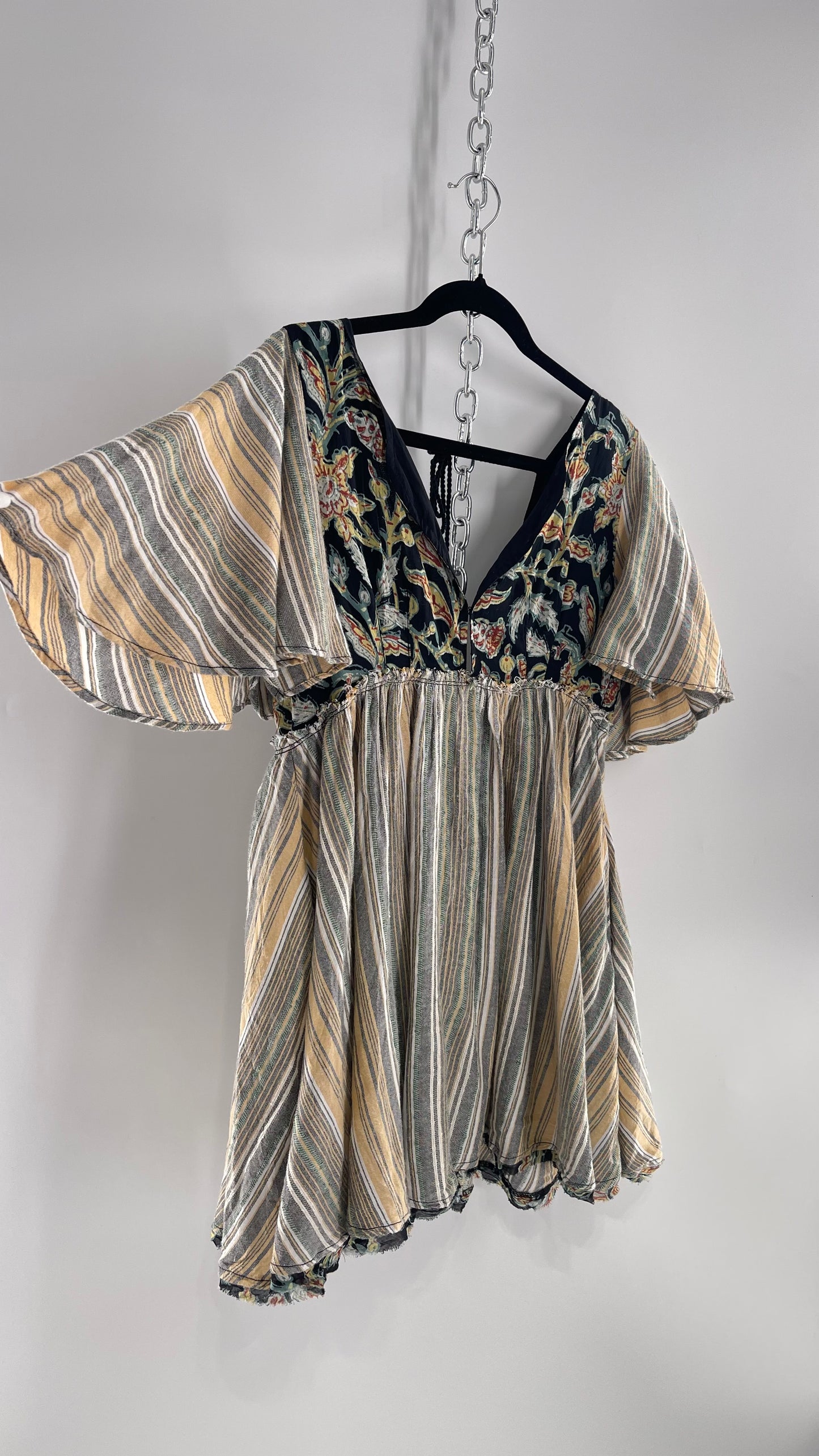 Free People Dual Fabric Floral/Woven Boho Babydoll Mini Dress (XS)