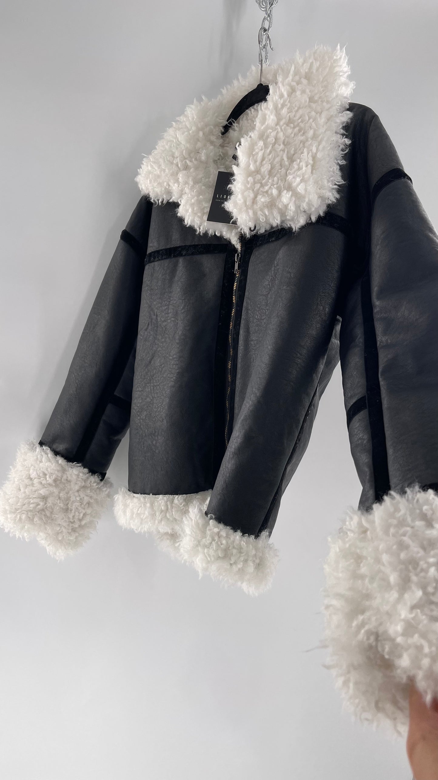 LIONESS Phoenix Jacket Black Faux Leather White Fur Trim (Large)