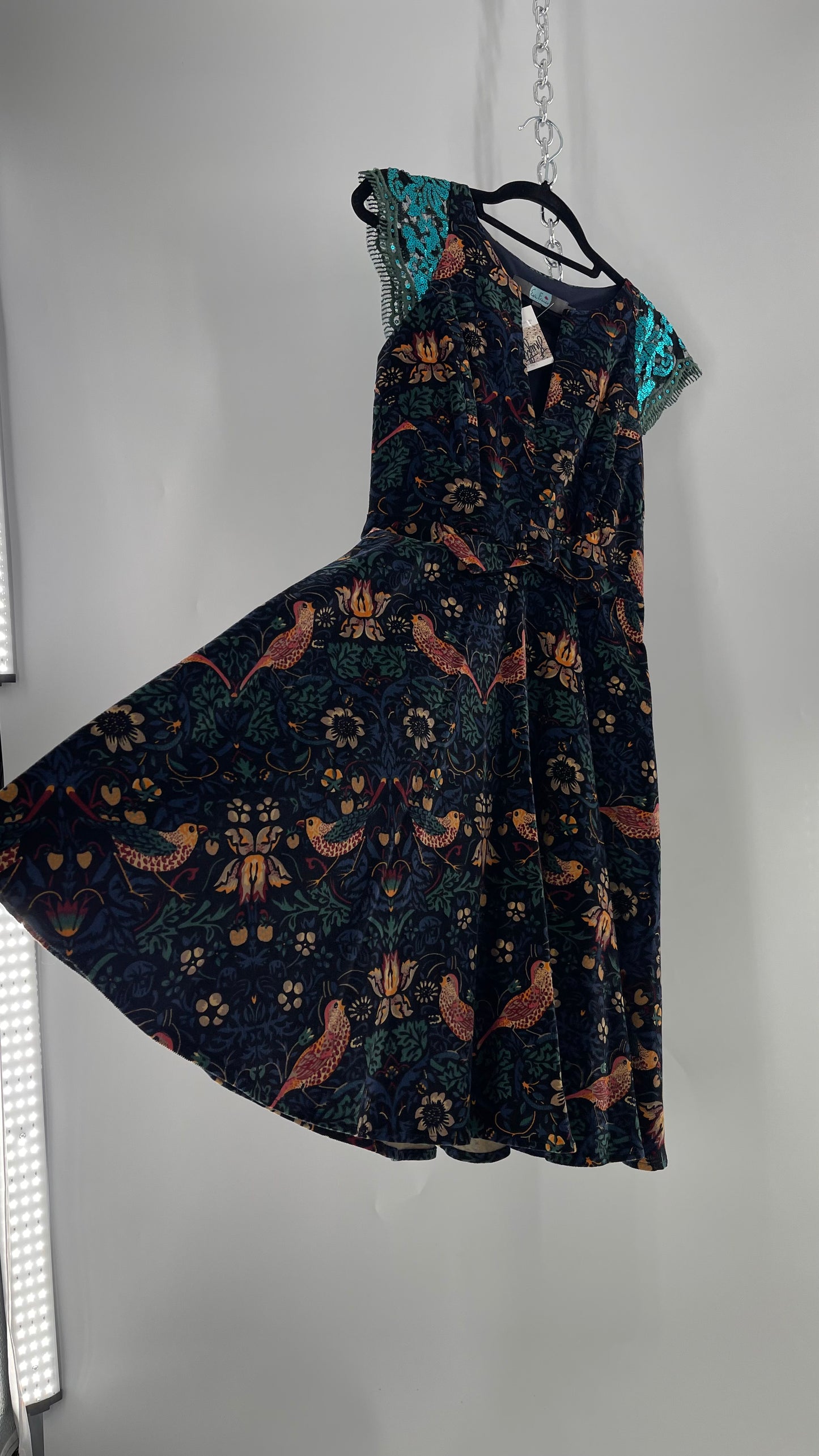 Anthropologie Eva Franco Corduroy Floral Bird Tapestry Print Dress with Sequin Cap Sleeves (4)