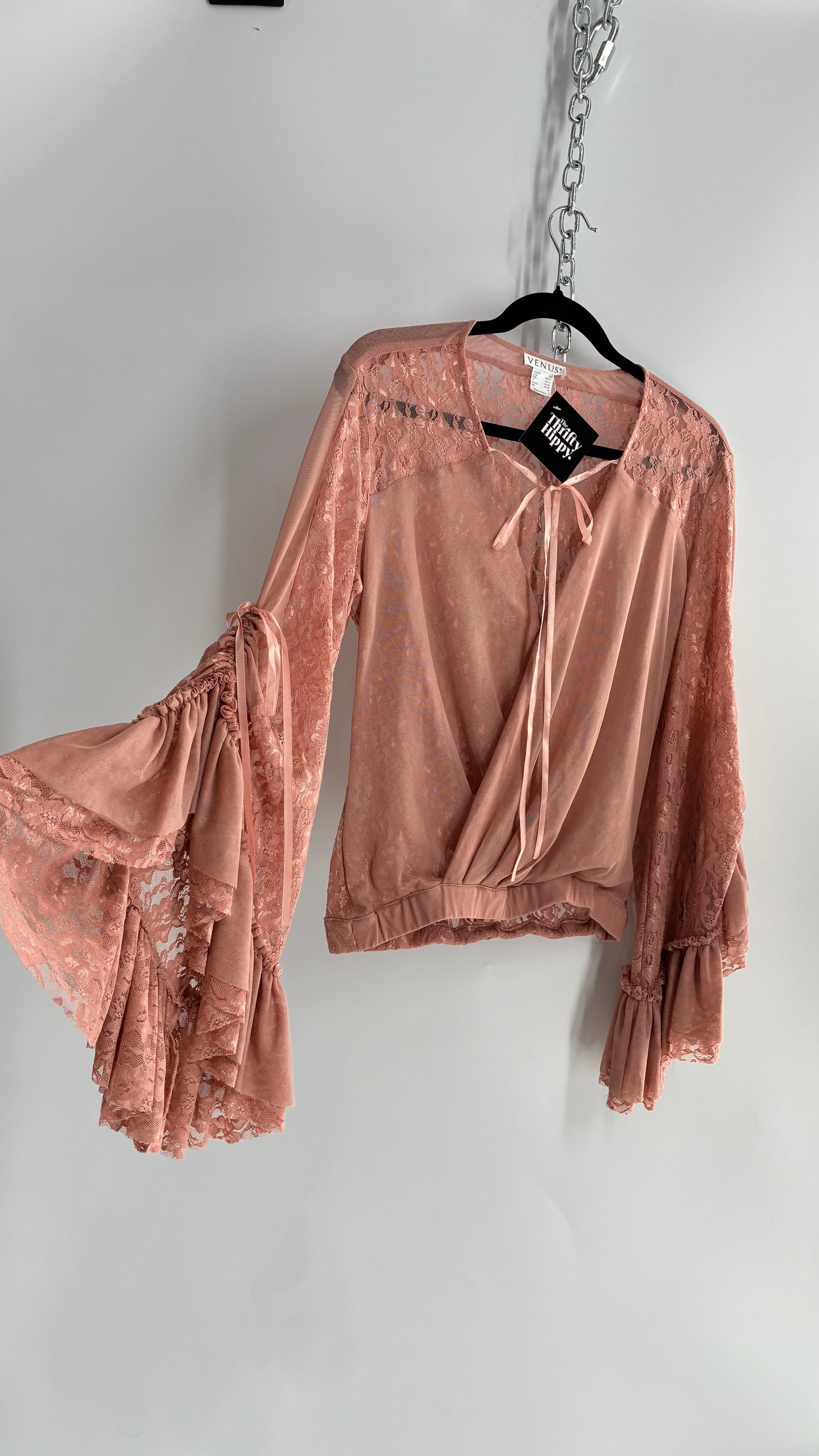 Vintage VENUS Blush Pink Lace Blouse with Voluminous Multi-Layer Bell Sleeves (Medium)
