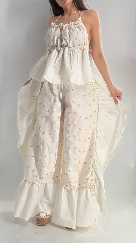 Vintage Handmade Angeline 2pc Set with Ruffled Pant, Embroidered Daisy Pattern, and Bustier Camisole with Adjustable Drawstring Bustline and Waistline (XS-L)