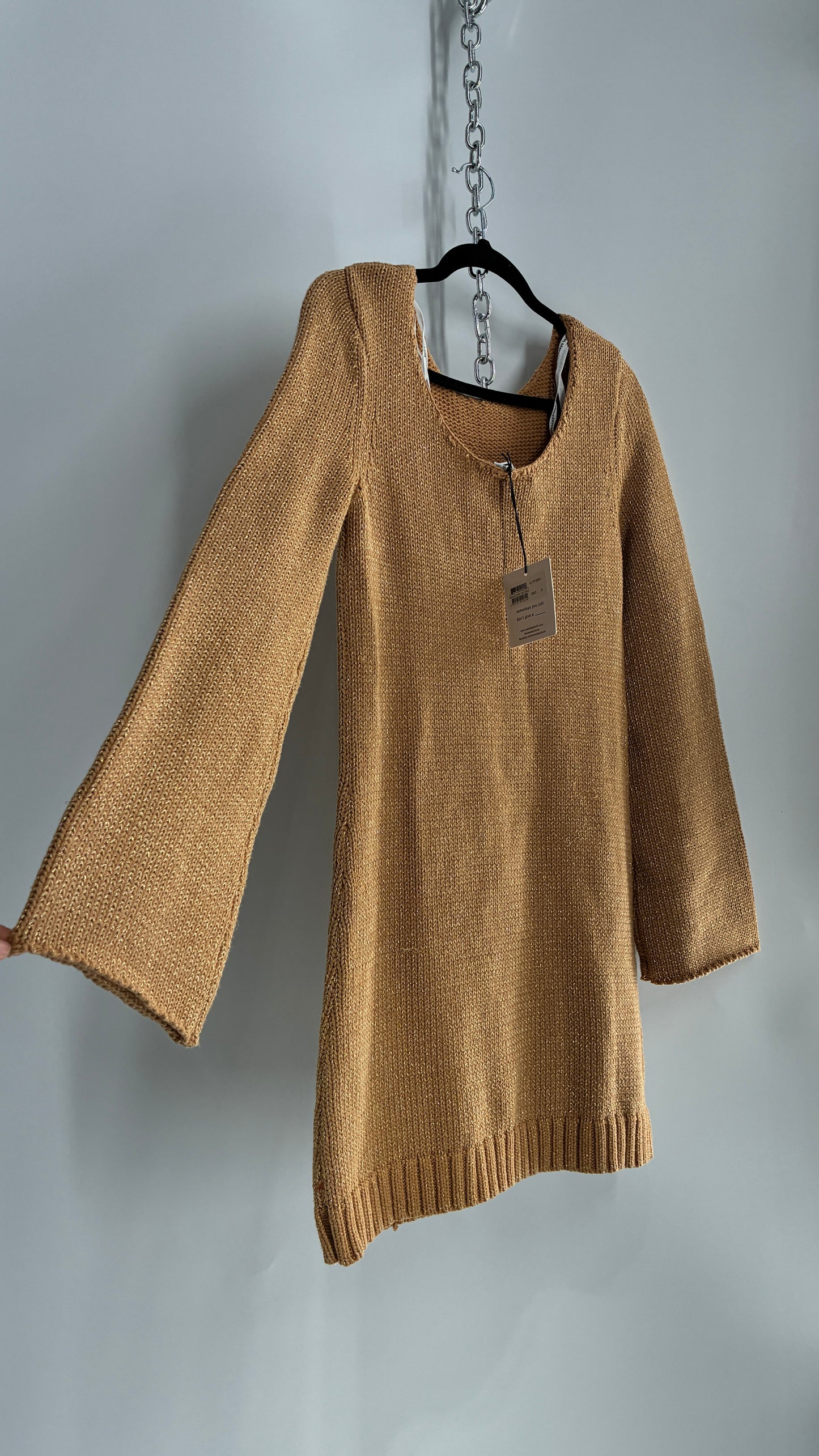 Some Days Lovin Gold Tinsel Knit Bell Sleeve Mini Dress (Small)