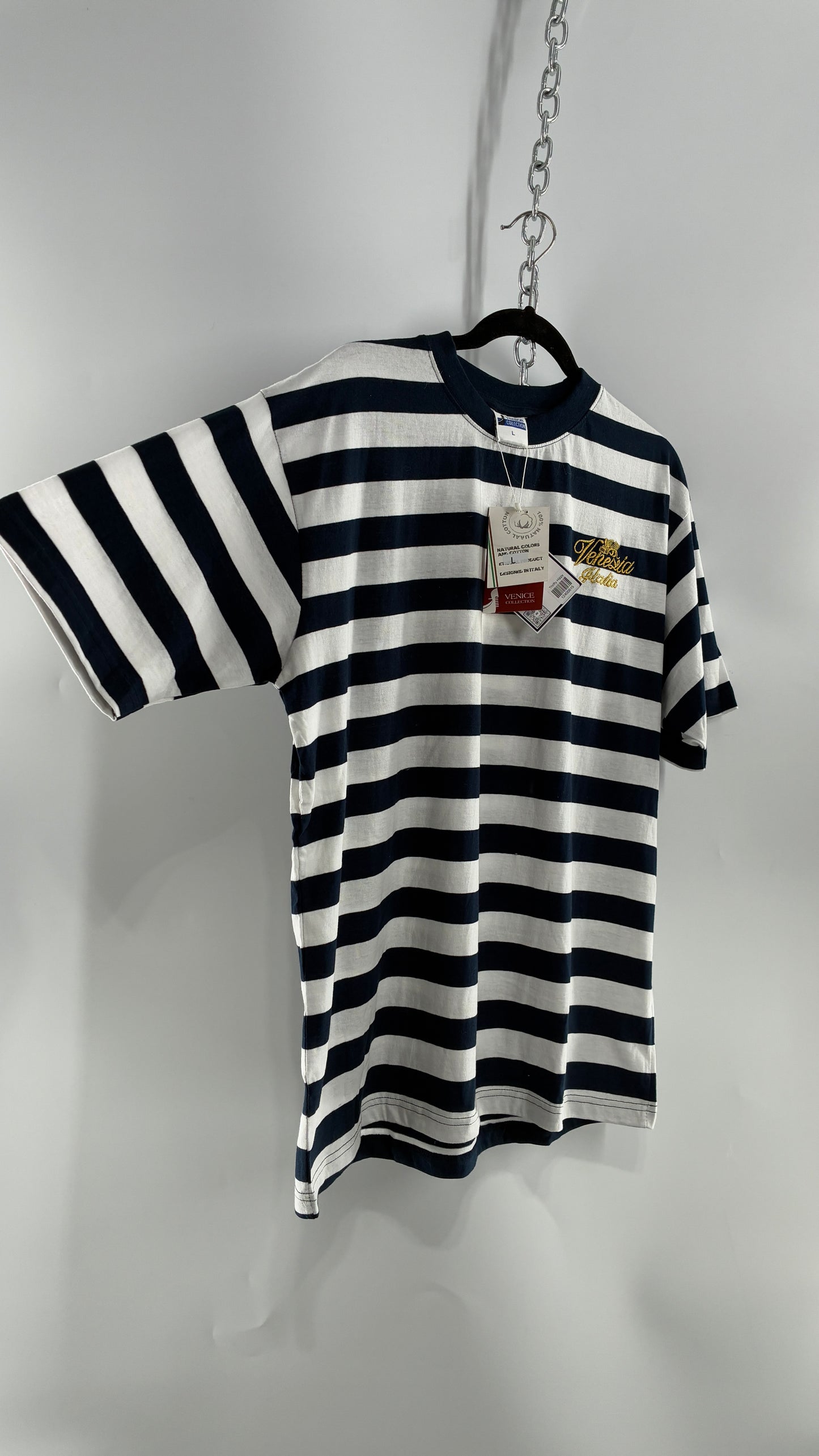 Vintage VENEZIA Striped Navy Short Sleeve with Gold Embroidery Designed in Italy (Large)