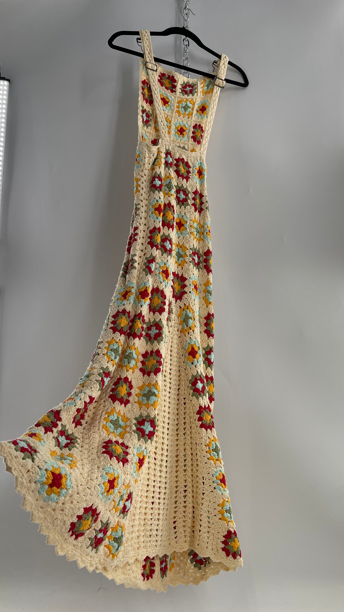 Free People Flook Beige Heavy Weight Crochet Granny Patchwork Overall Dress (Small)