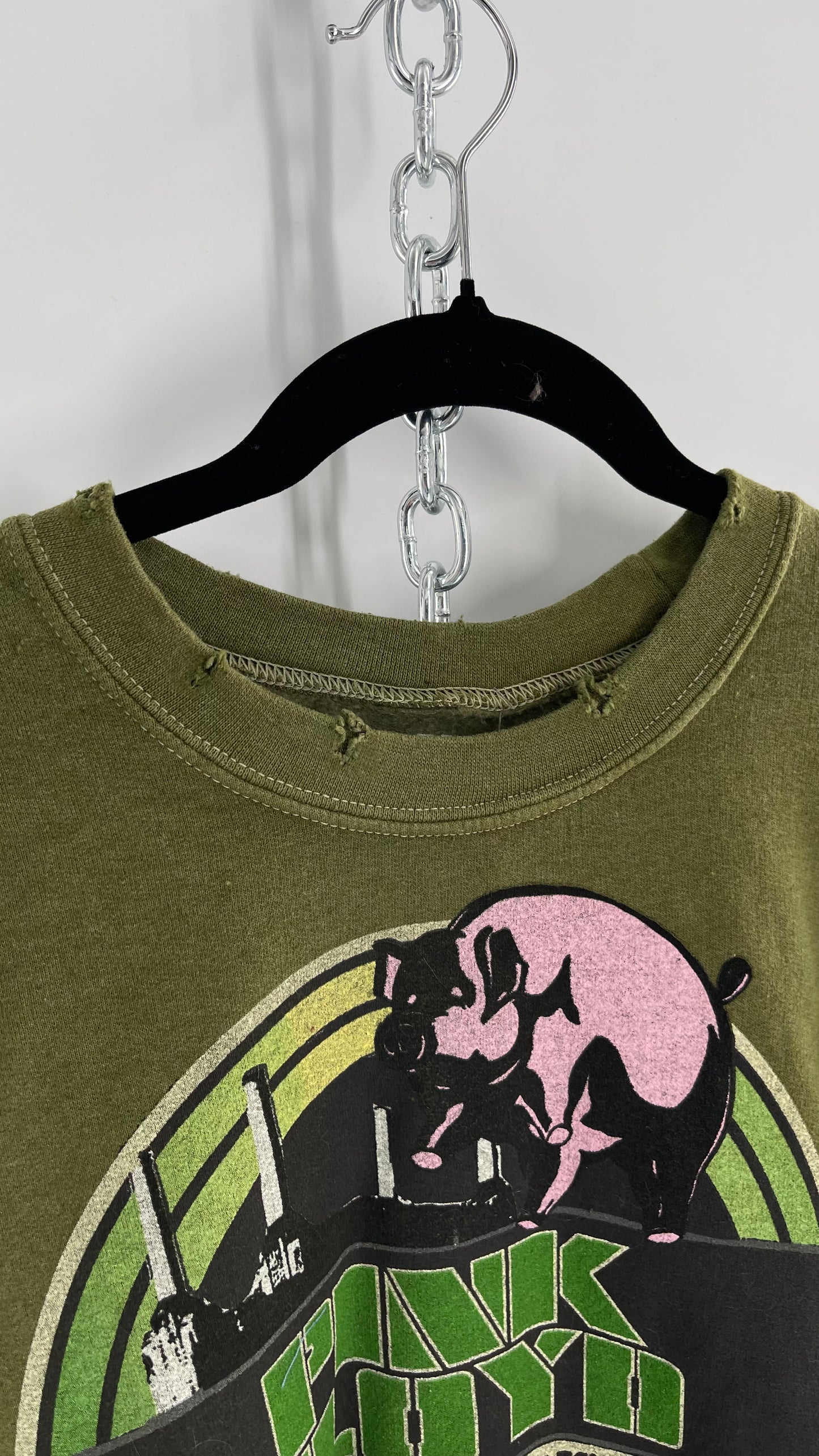 Vintage Green Graphic Pink Floyd Crewneck Knits with Distressed Neckline and Hems (L/XL)