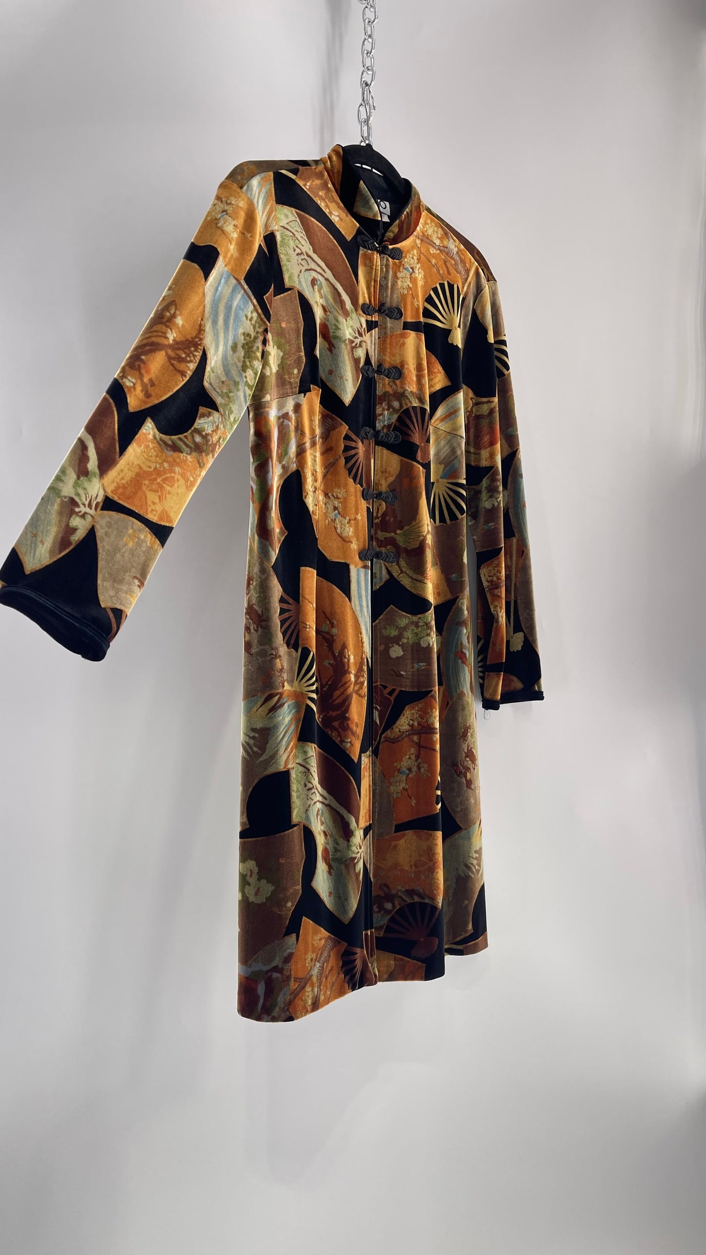 Vintage CLIO 1990s Black Velvet/Velour Fan Patterned Duster Coat (Medium)