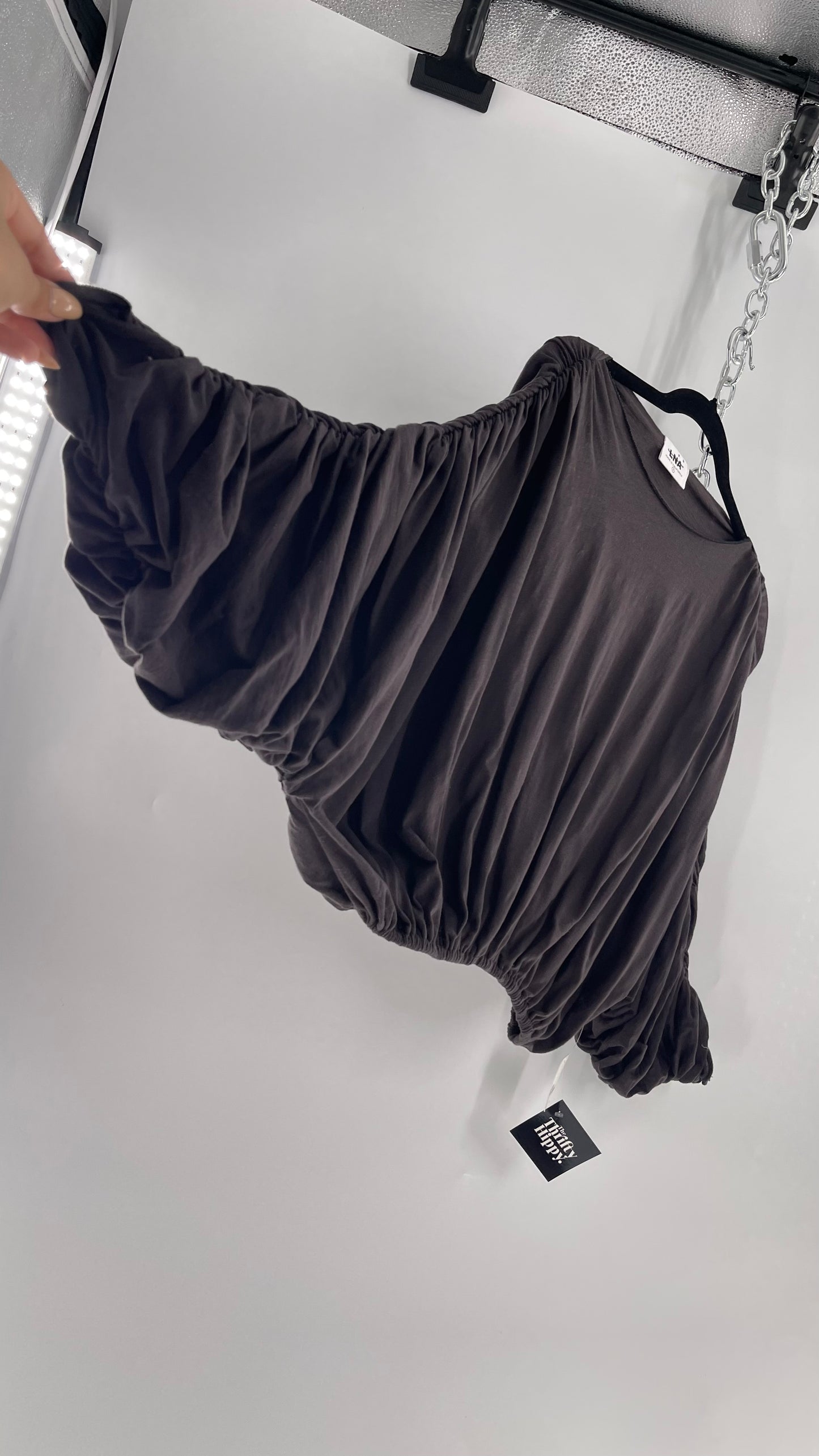 LNA California Made Free People Distopian Dark Grey Drape, Slouchy Ruched Long Sleeve with Tags Attached (Small)