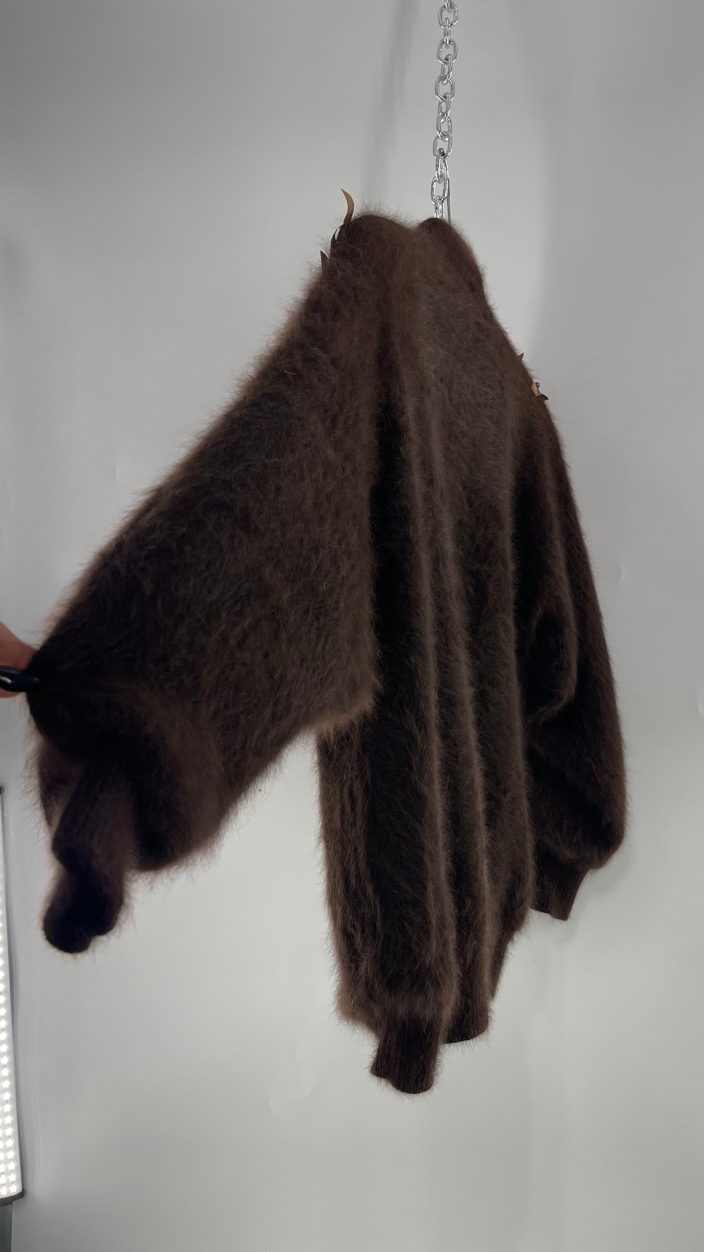 Liho Korean Vintage Brown Cardigan with Leather, Fur and Beaded Detailing 15% Wool 75% Angora  (C)(Medium)