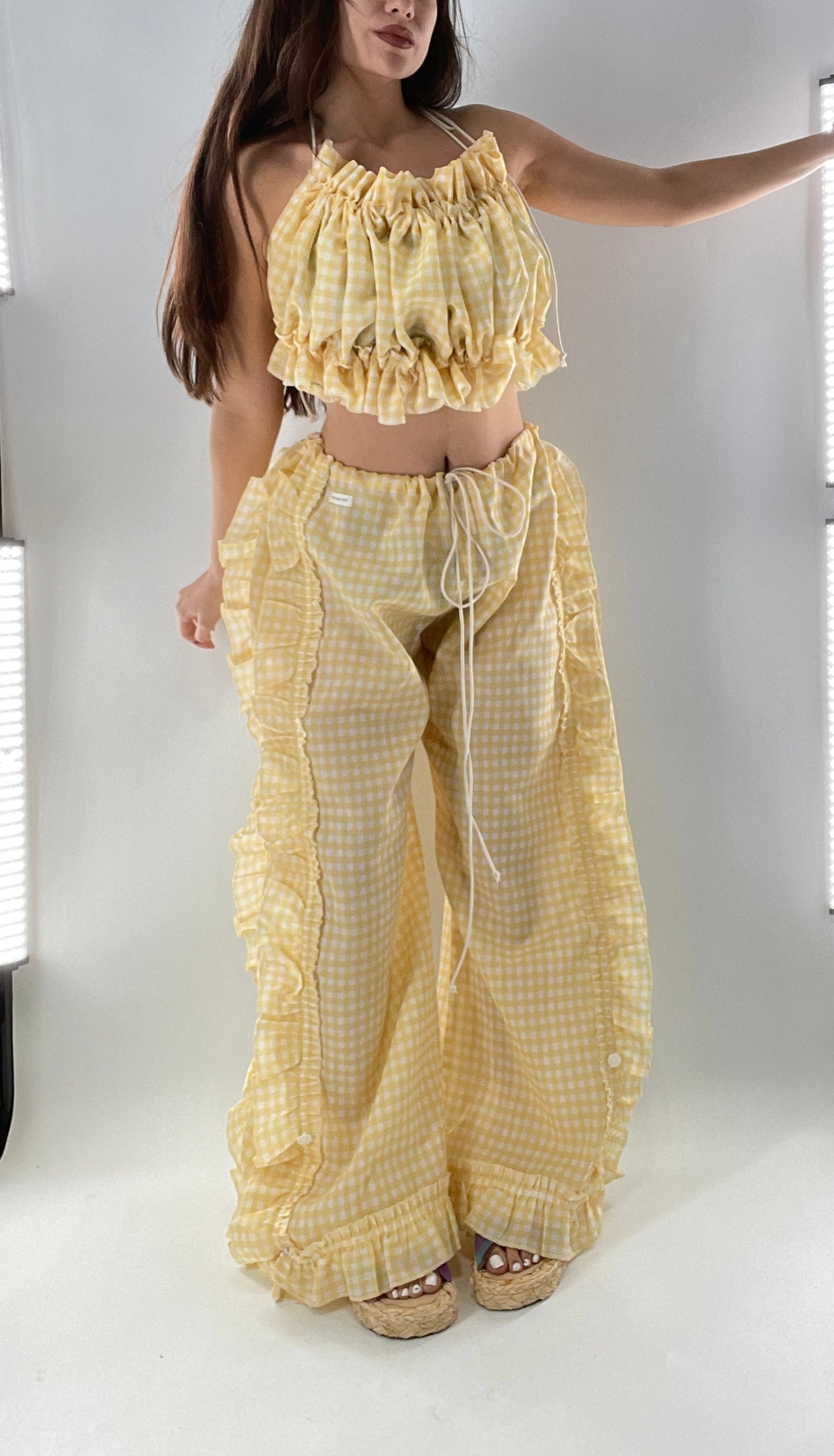 Vintage 2 Piece Yellow Checkered/Gingham Patterned Picnic Set with Ruched Bust Top and Ruffle Side Wide Legs with Adjustable Length, Strap Up Buttons on Hem (One Size)