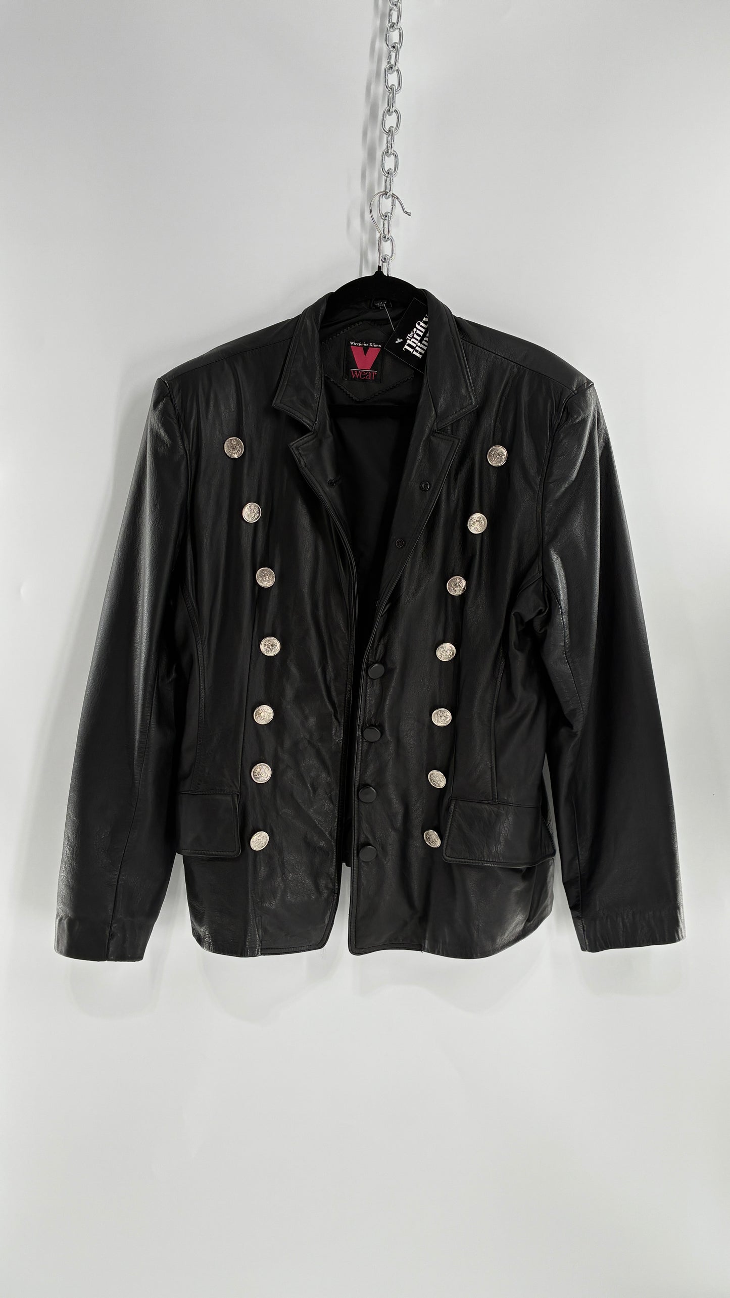 Vintage Virginia Slims Black Genuine Leather Military Jacket with Double Breasted Embossed Buttons (Large)