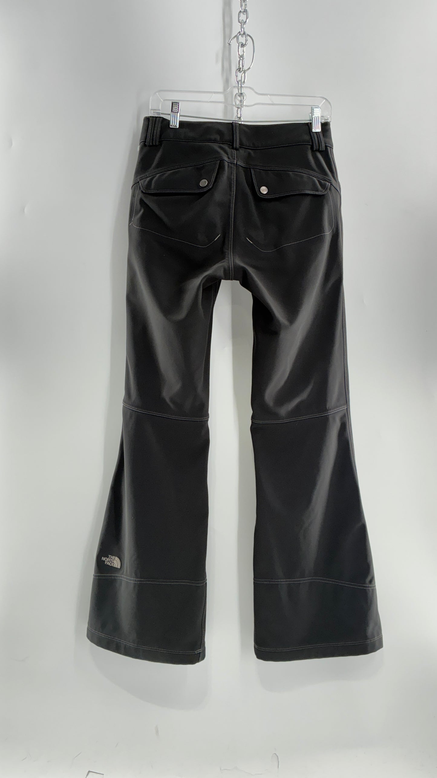 Vintage North Face Dark Gray, Low Rise, Kick Flare Pants with Contrast Stitching, Side Closure and Oversized Bum Pockets (Small)