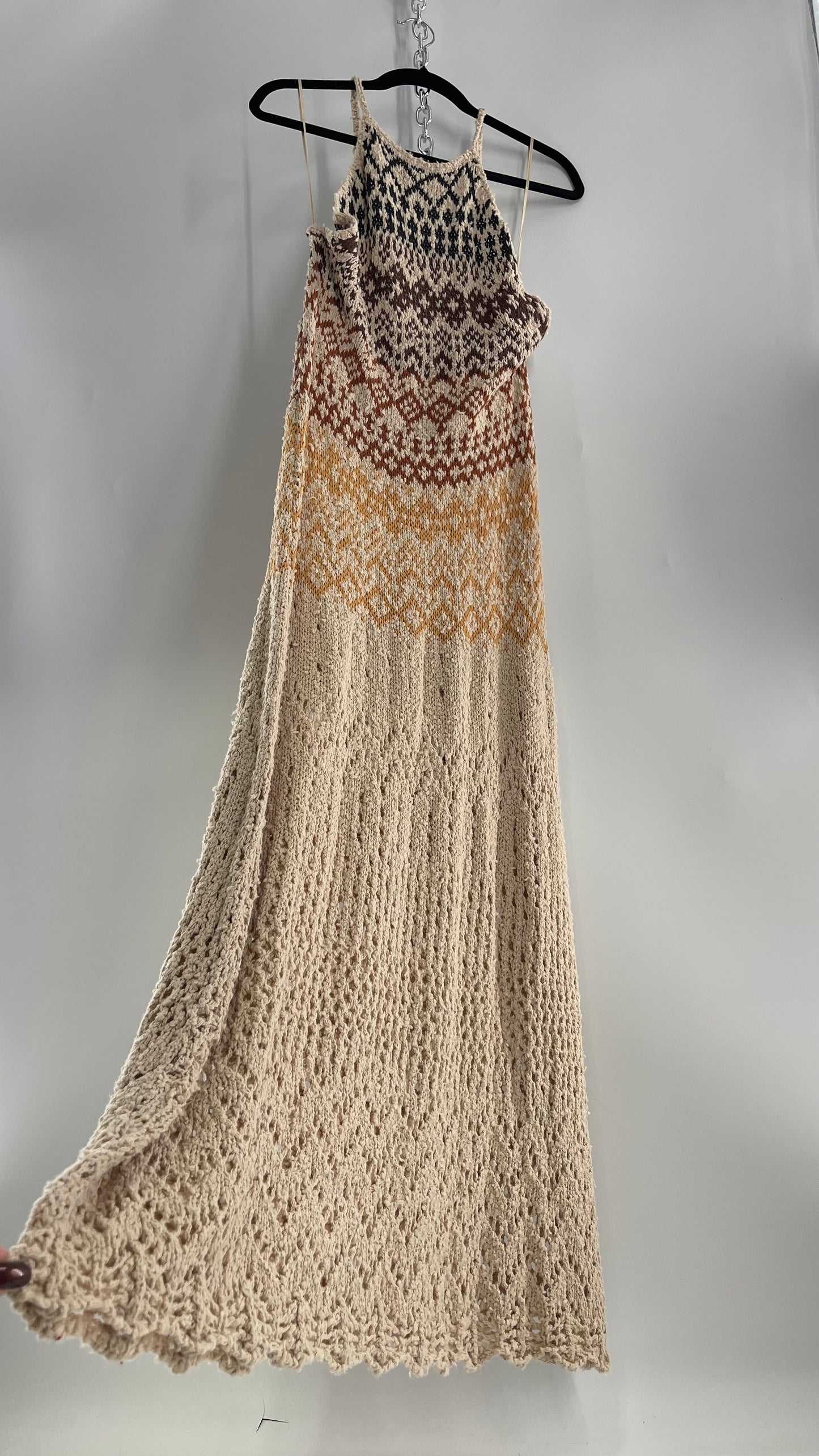 Free People Beige Ikat Oasis Knit Halter Maxi Dress (Small)