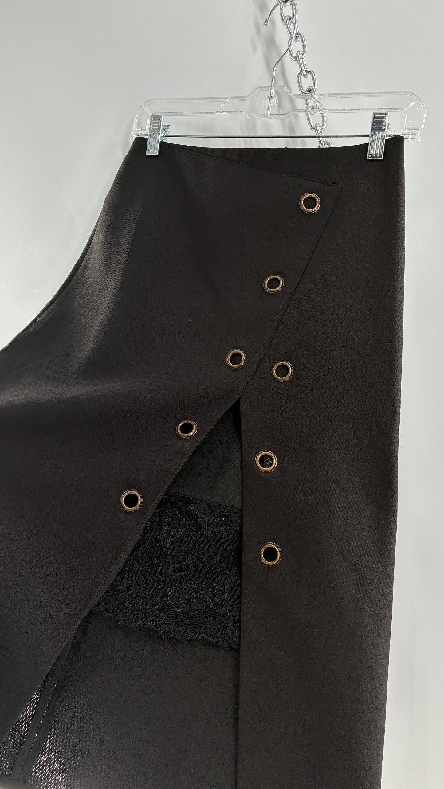 Vintage BYSI Black Skirt with Asymmetric Slit, Bronze Grommets and Lace Thigh Detail (EU36,UK8)