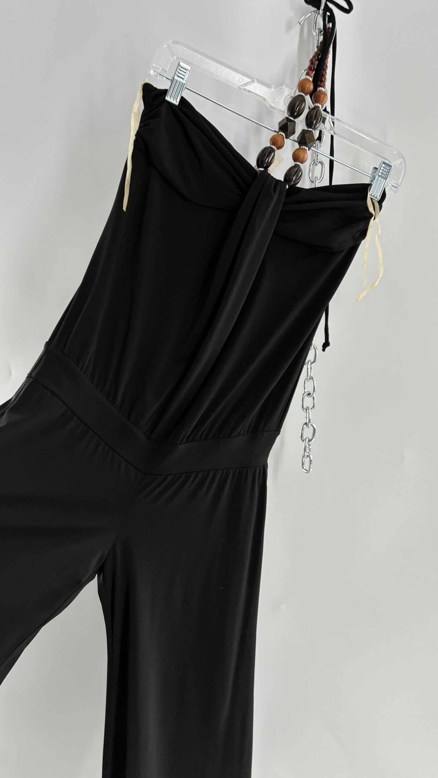 Vintage L8ter 1990s Black Drop Waist Wide Leg Jumpsuit with Beaded Choker Halter (Small)