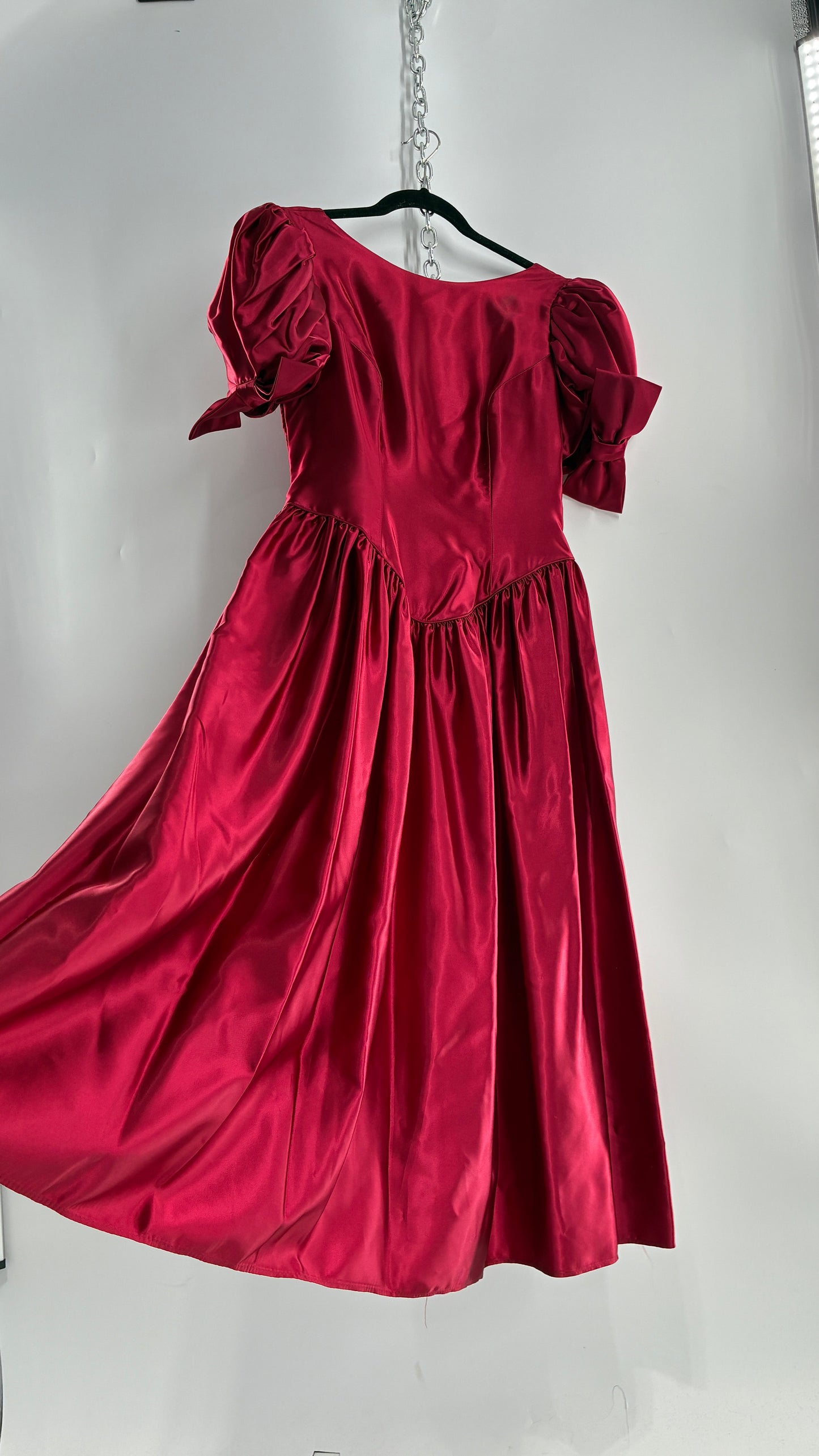 Vintage Red Silky Satin Corset Style Dress with Sweetheart Neckline, Puff Sleeves, Oversized Bow Bum, Open Back and Draping Pearls (10P)