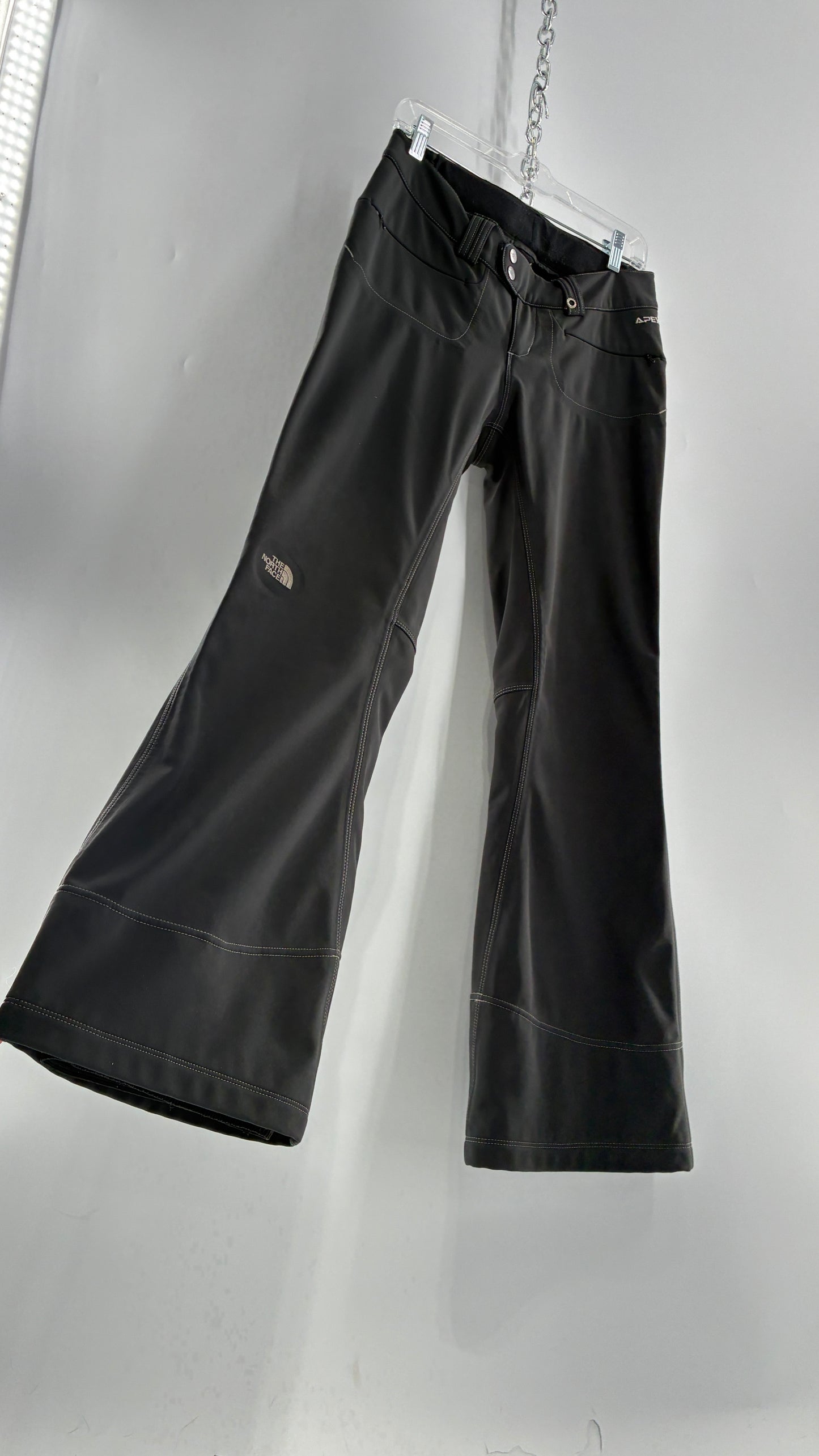 Vintage North Face Dark Gray, Low Rise, Kick Flare Pants with Contrast Stitching, Side Closure and Oversized Bum Pockets (Small)